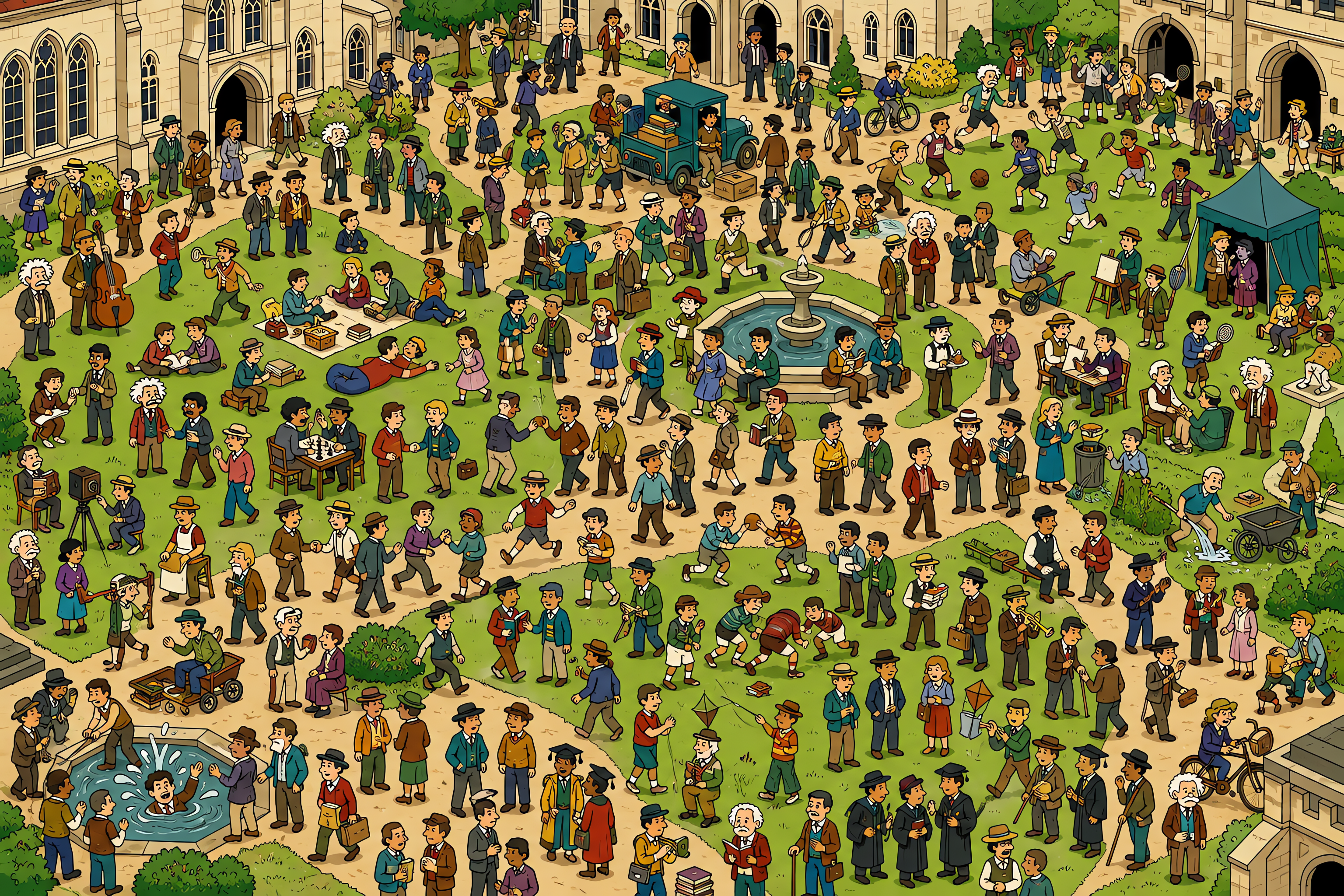 Illustrated crowd scene for Albert Einstein · University quad