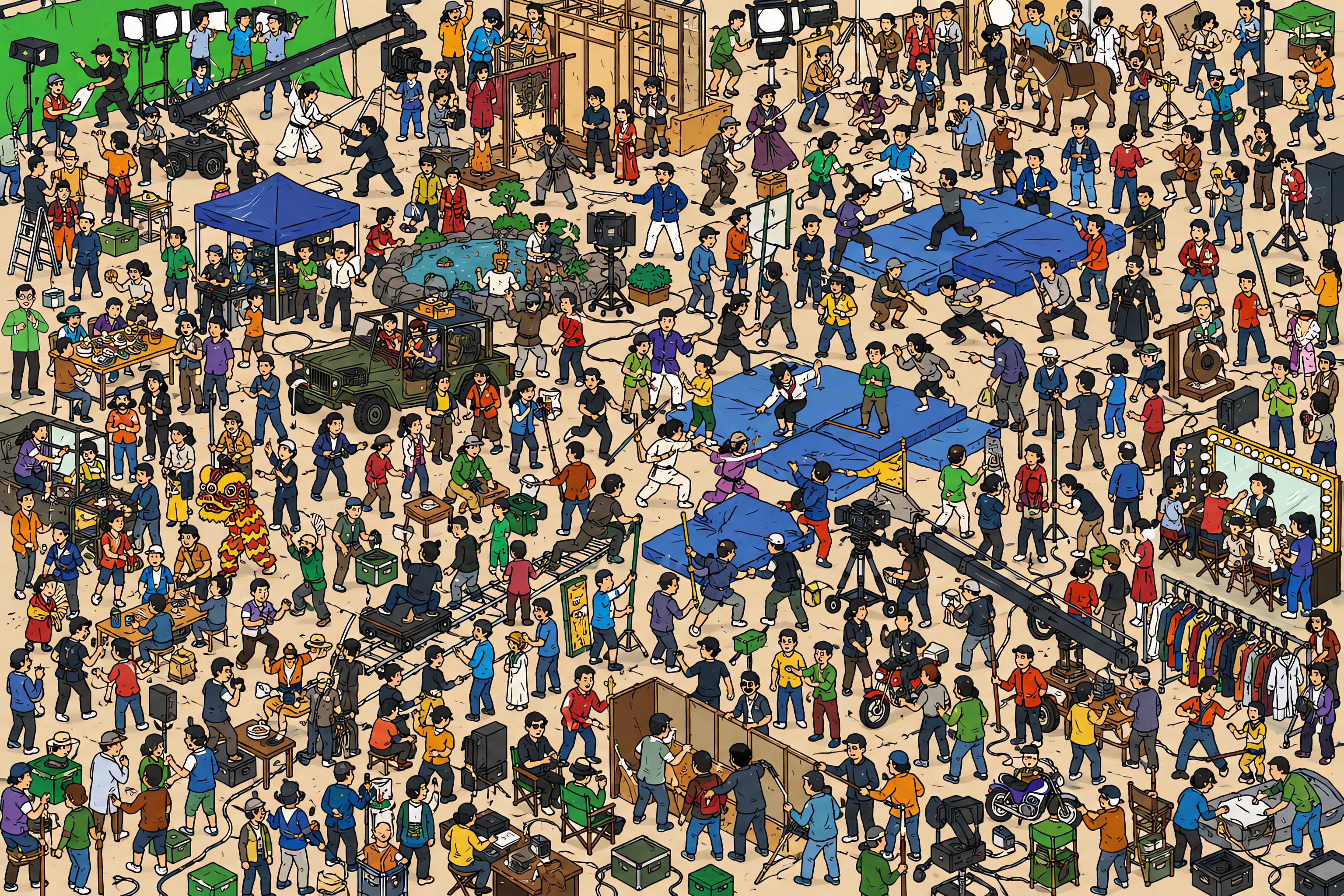 Illustrated crowd scene for Jackie Chan · Film set