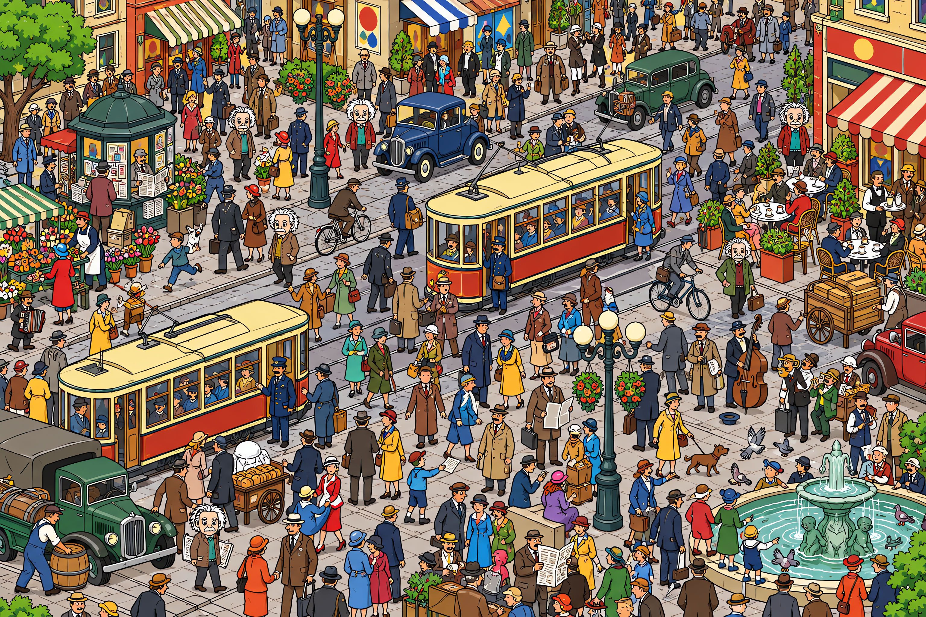 Illustrated crowd scene for Albert Einstein · Boulevard with trams