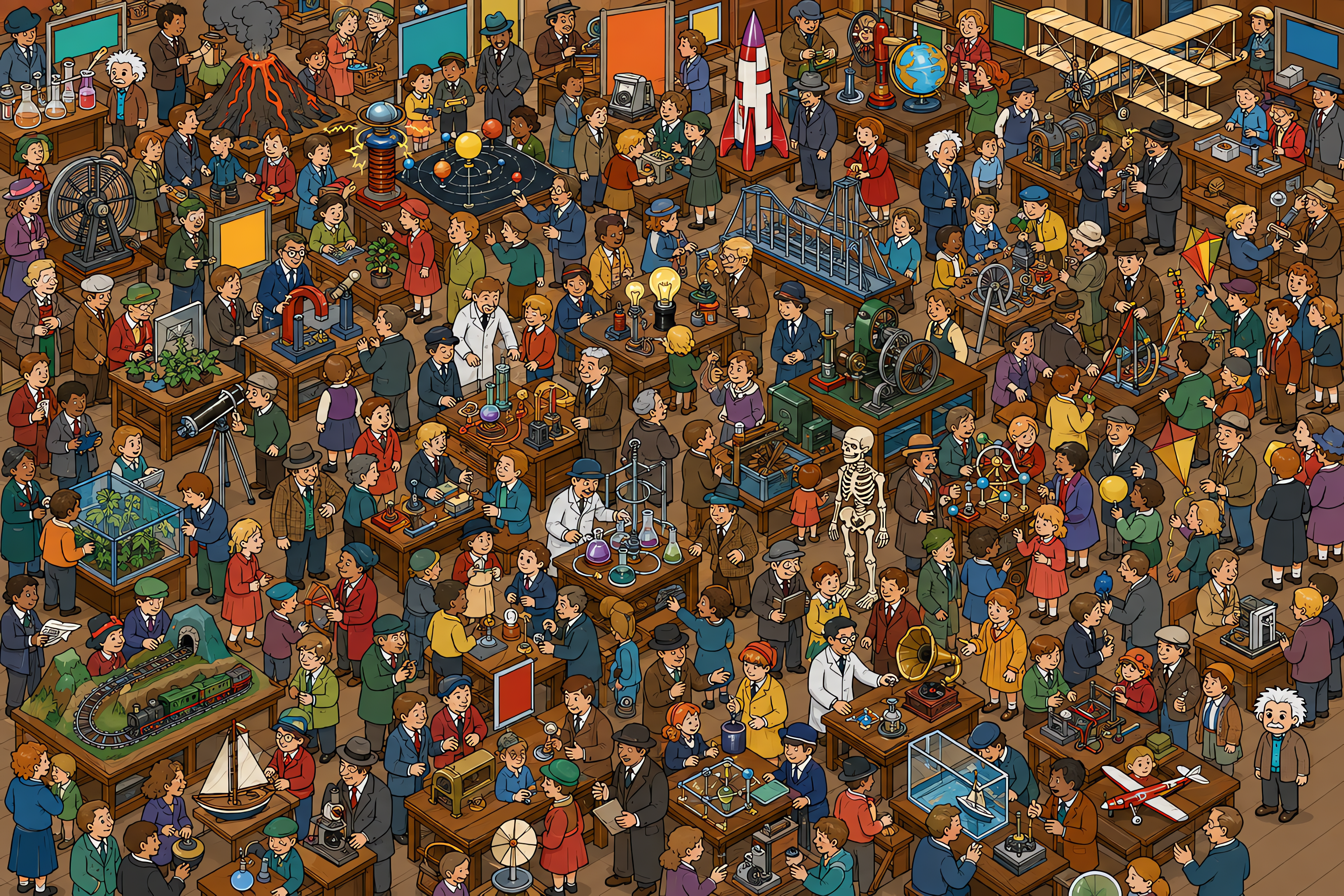 Illustrated crowd scene for Albert Einstein · Science fair · Variation 2
