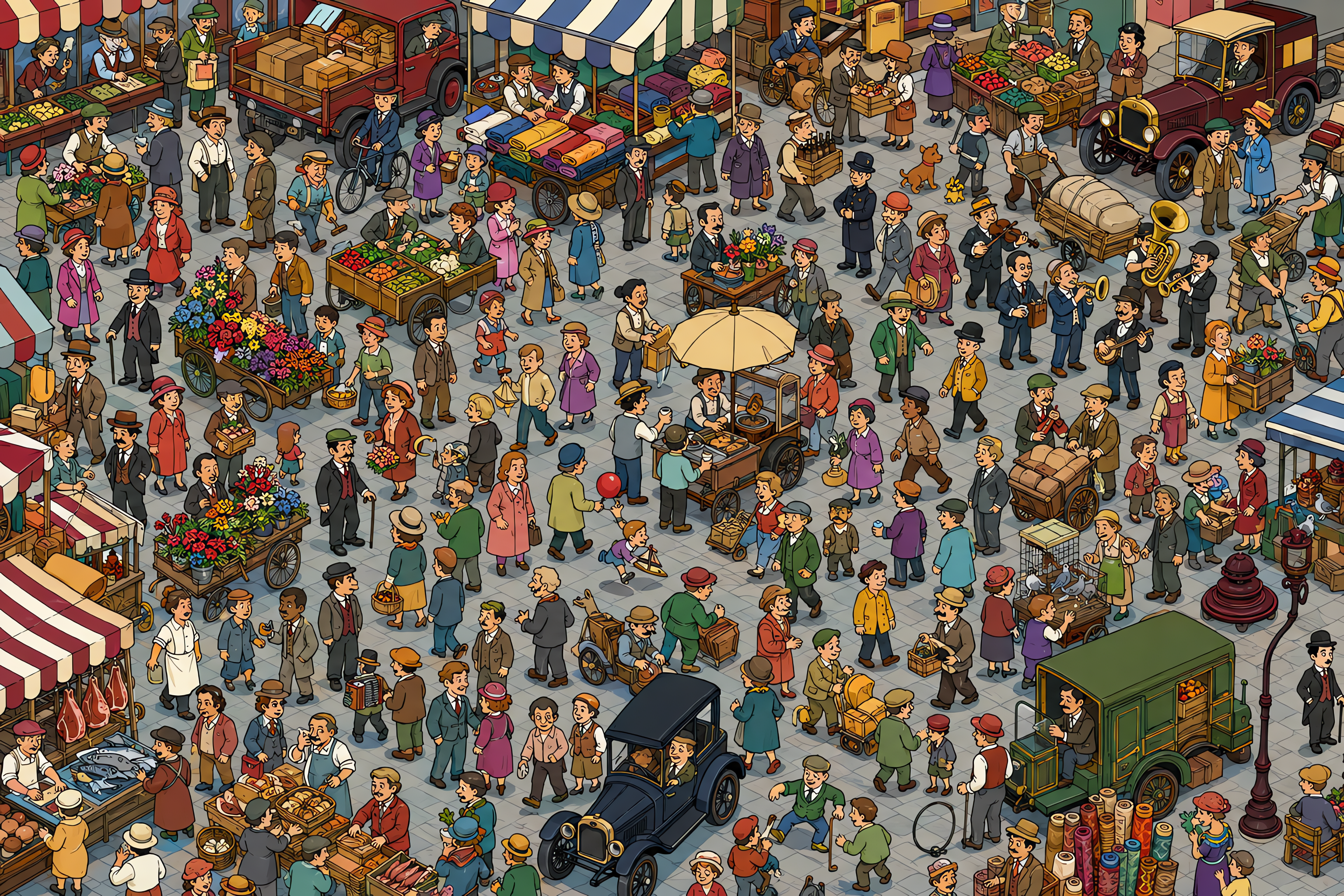 Illustrated crowd scene for Chaplin · Market · Variation 1