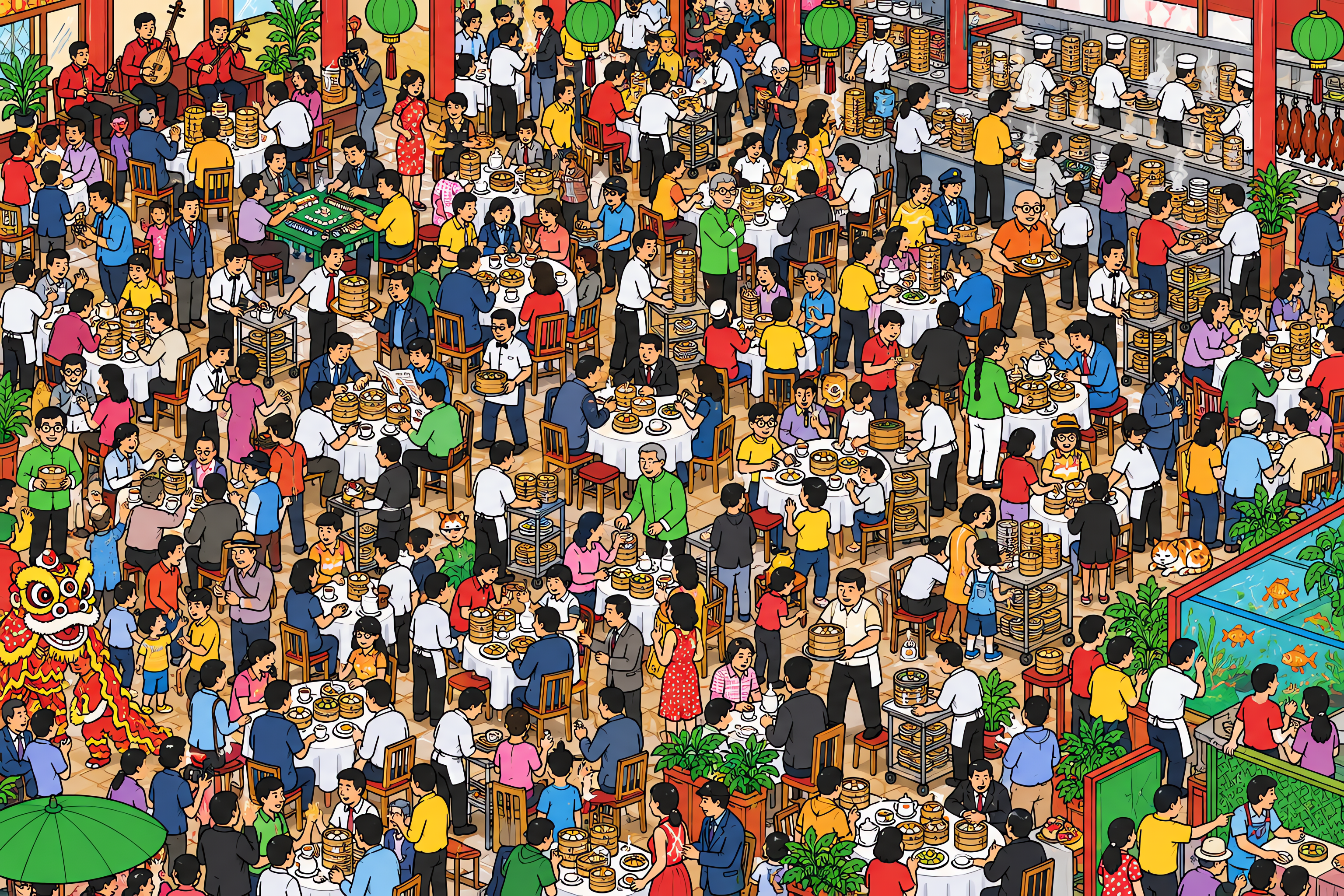 Illustrated crowd scene for Jackie Chan · Teahouse · Variation 1
