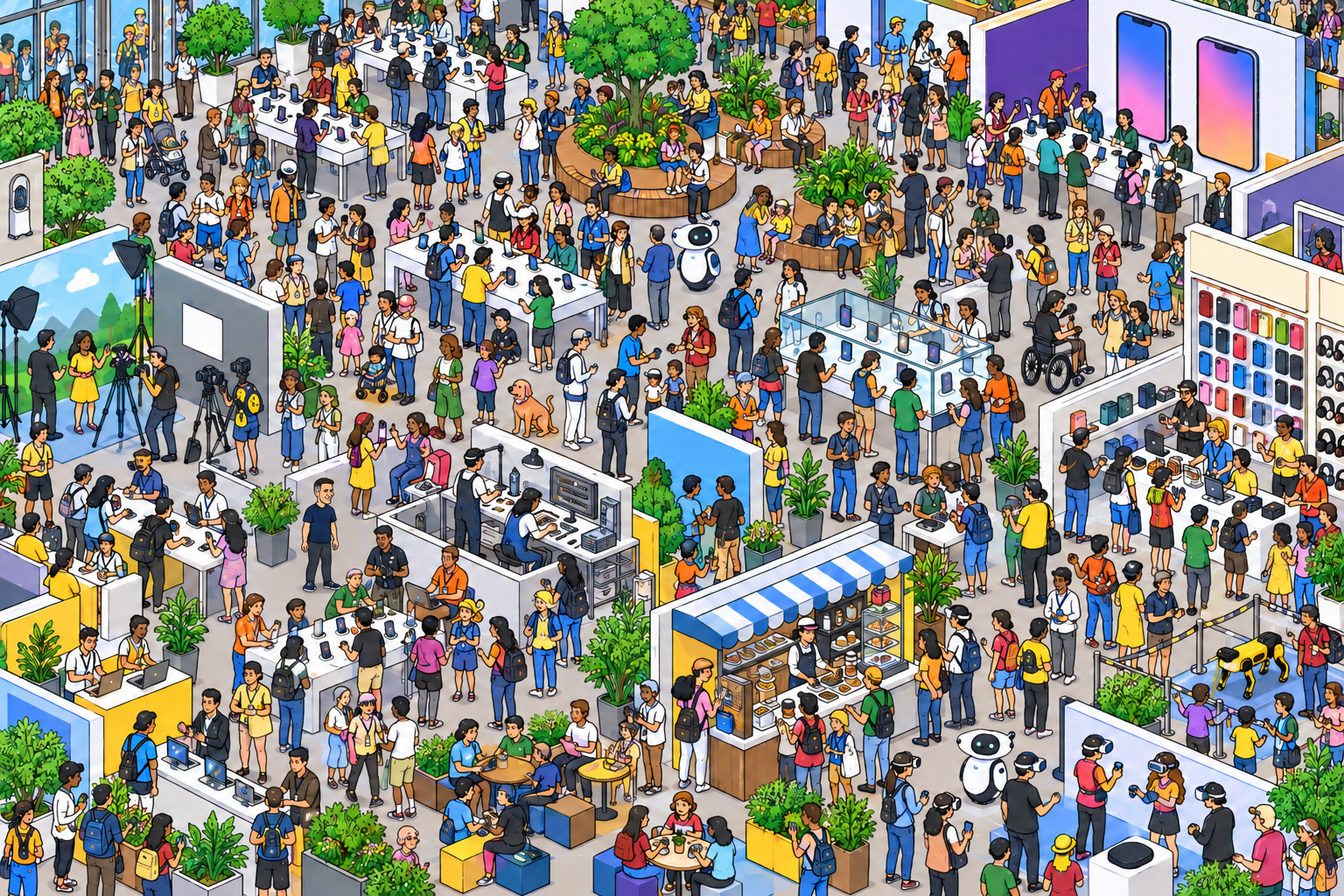 Illustrated crowd scene for iPhone Duo · The Expo