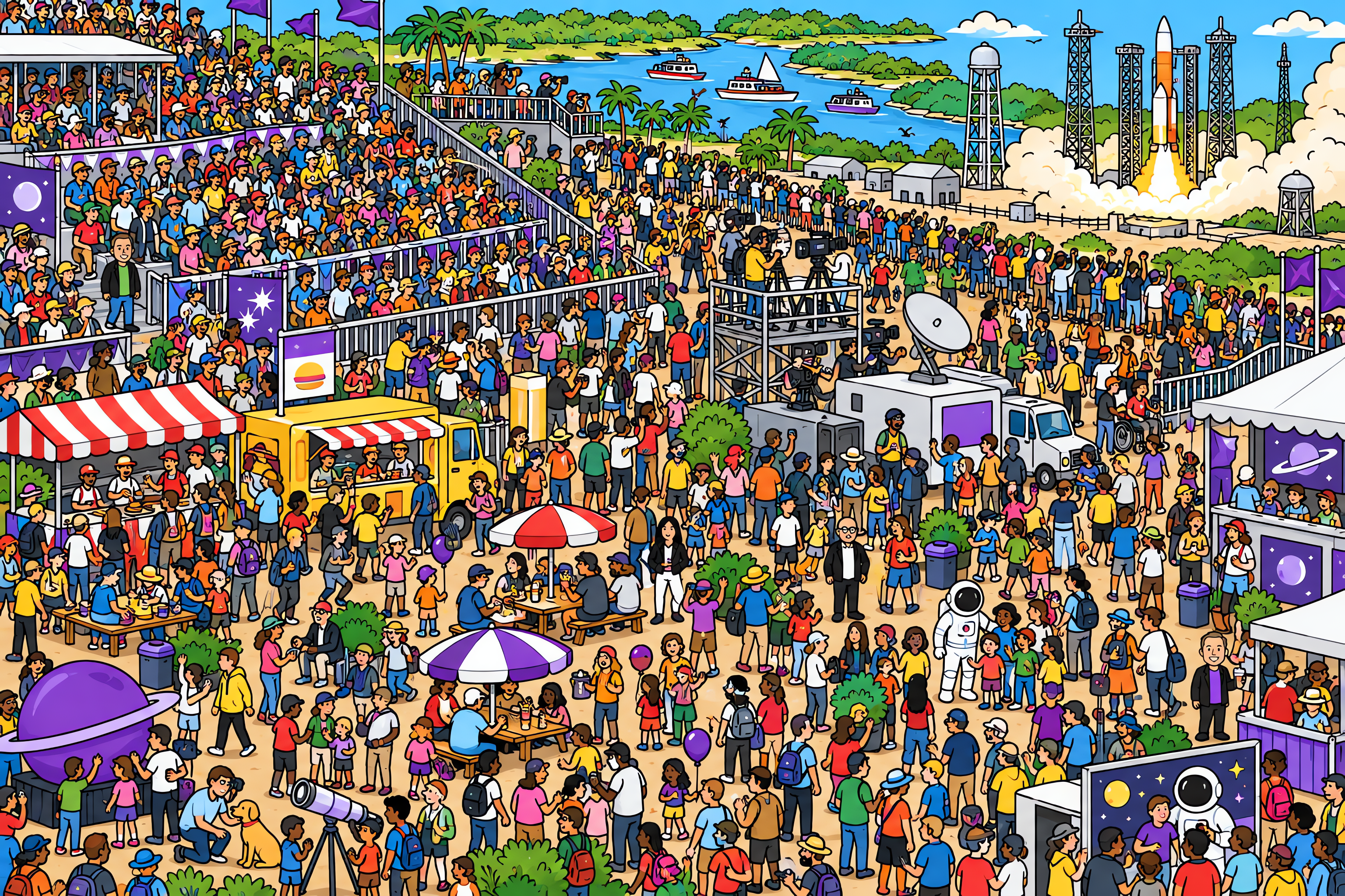 Illustrated crowd scene for Elon Musk · Launch site · Variation 2