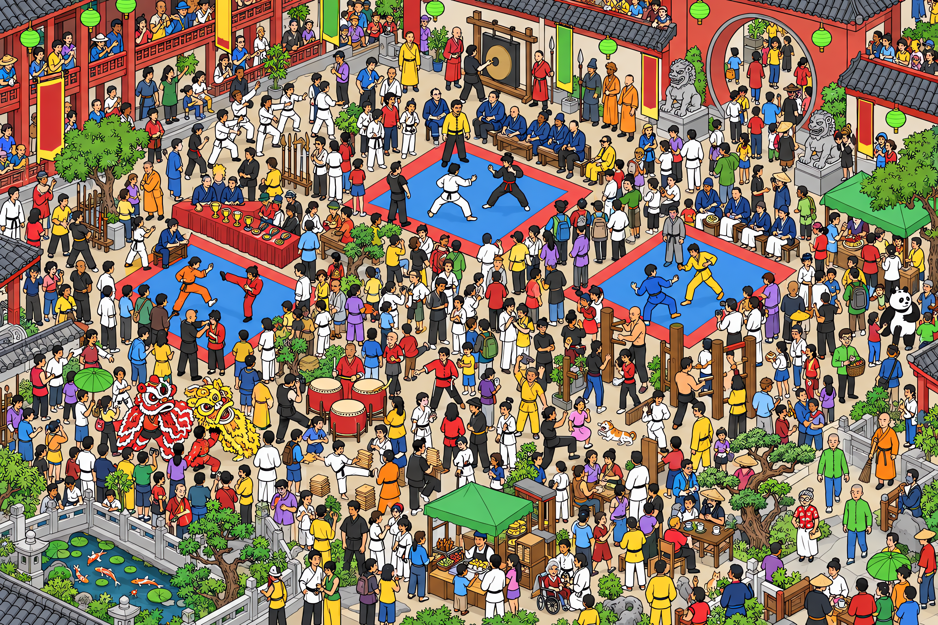 Illustrated crowd scene for Jackie Chan · Kung fu school · Variation 2