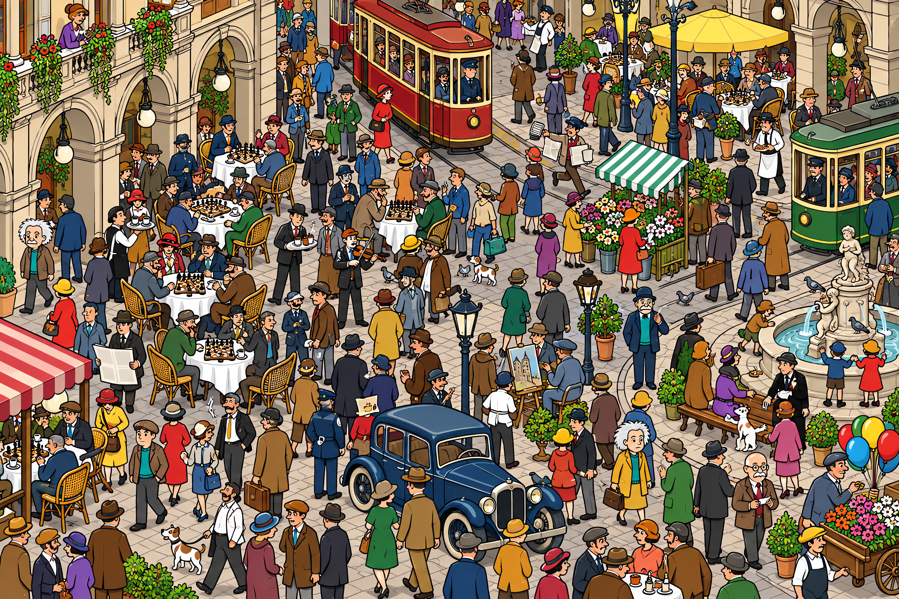 Illustrated crowd scene for Albert Einstein · Café chess tournament
