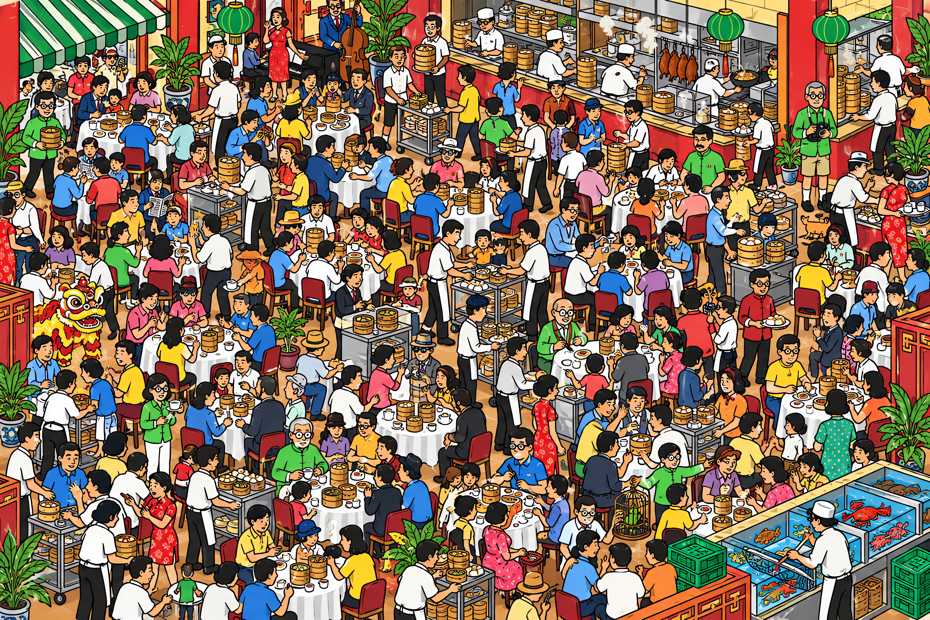 Illustrated crowd scene for Jackie Chan · Teahouse · Variation 2