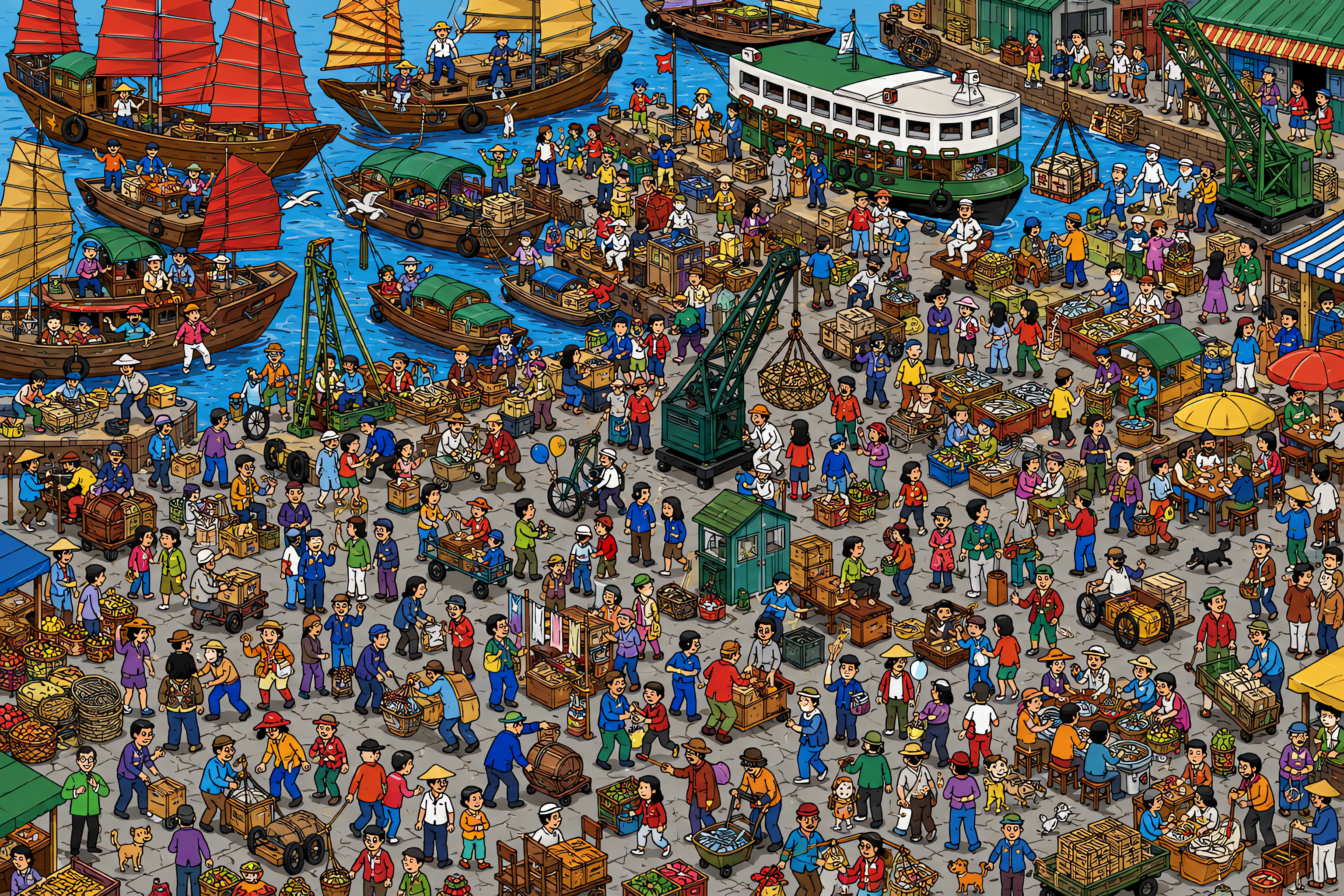 Illustrated crowd scene for Jackie Chan · Harbor · Variation 1