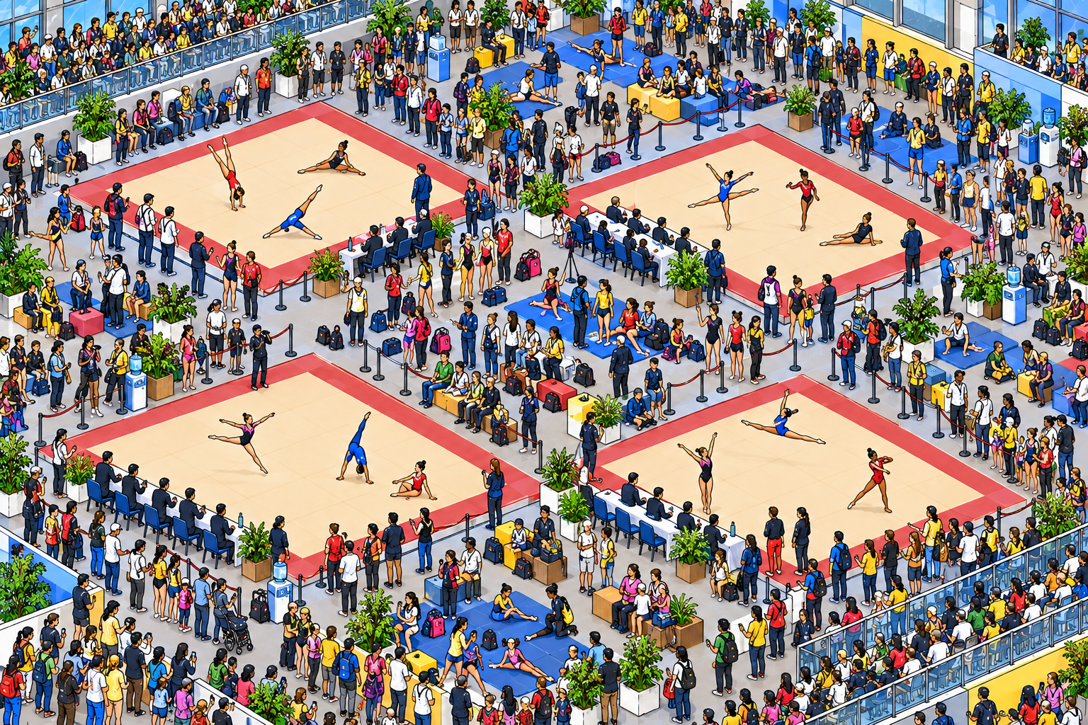 Illustrated crowd scene for Carlos Yulo Floor Practice