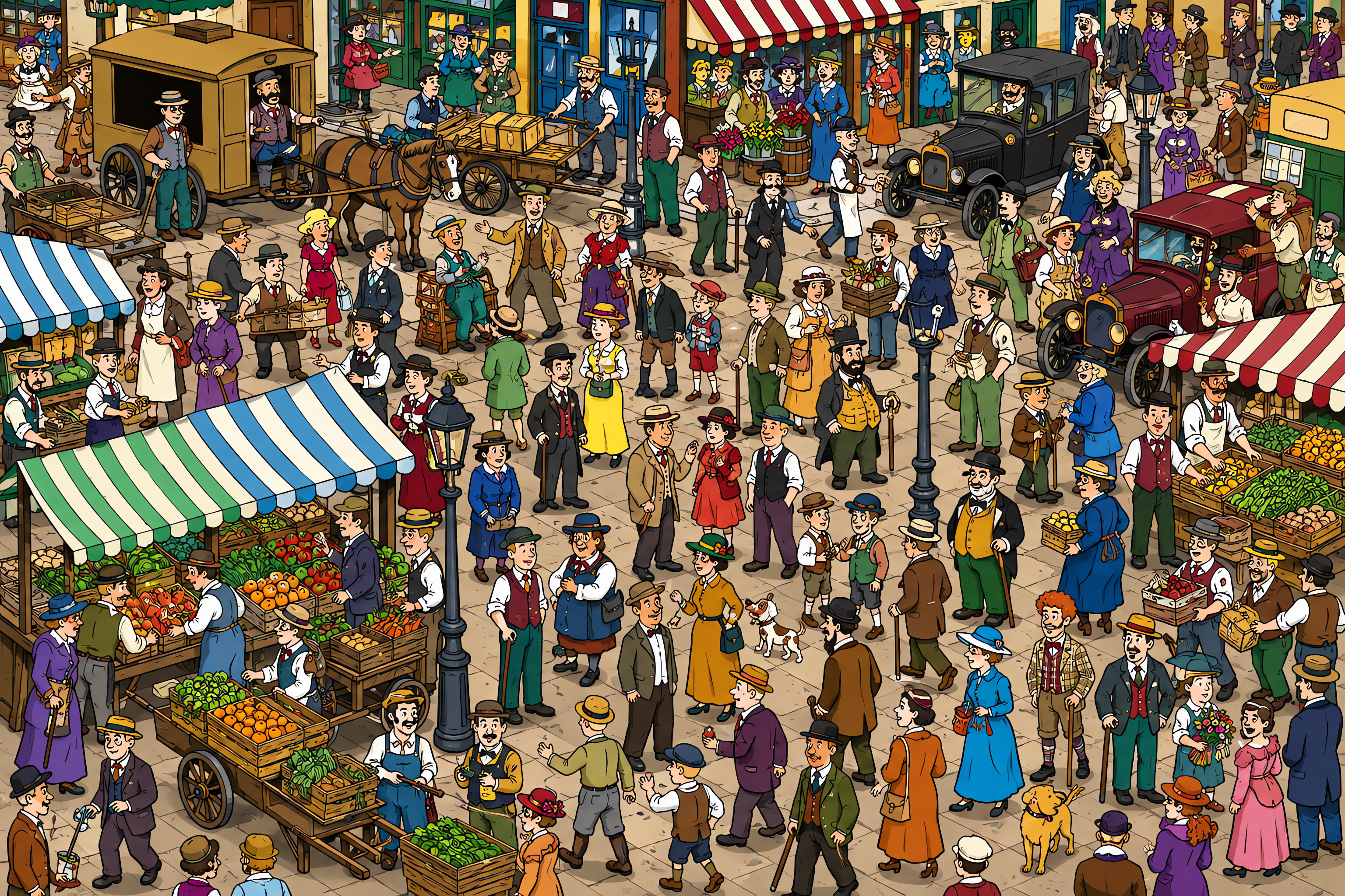 Illustrated crowd scene for Chaplin · 1920s market