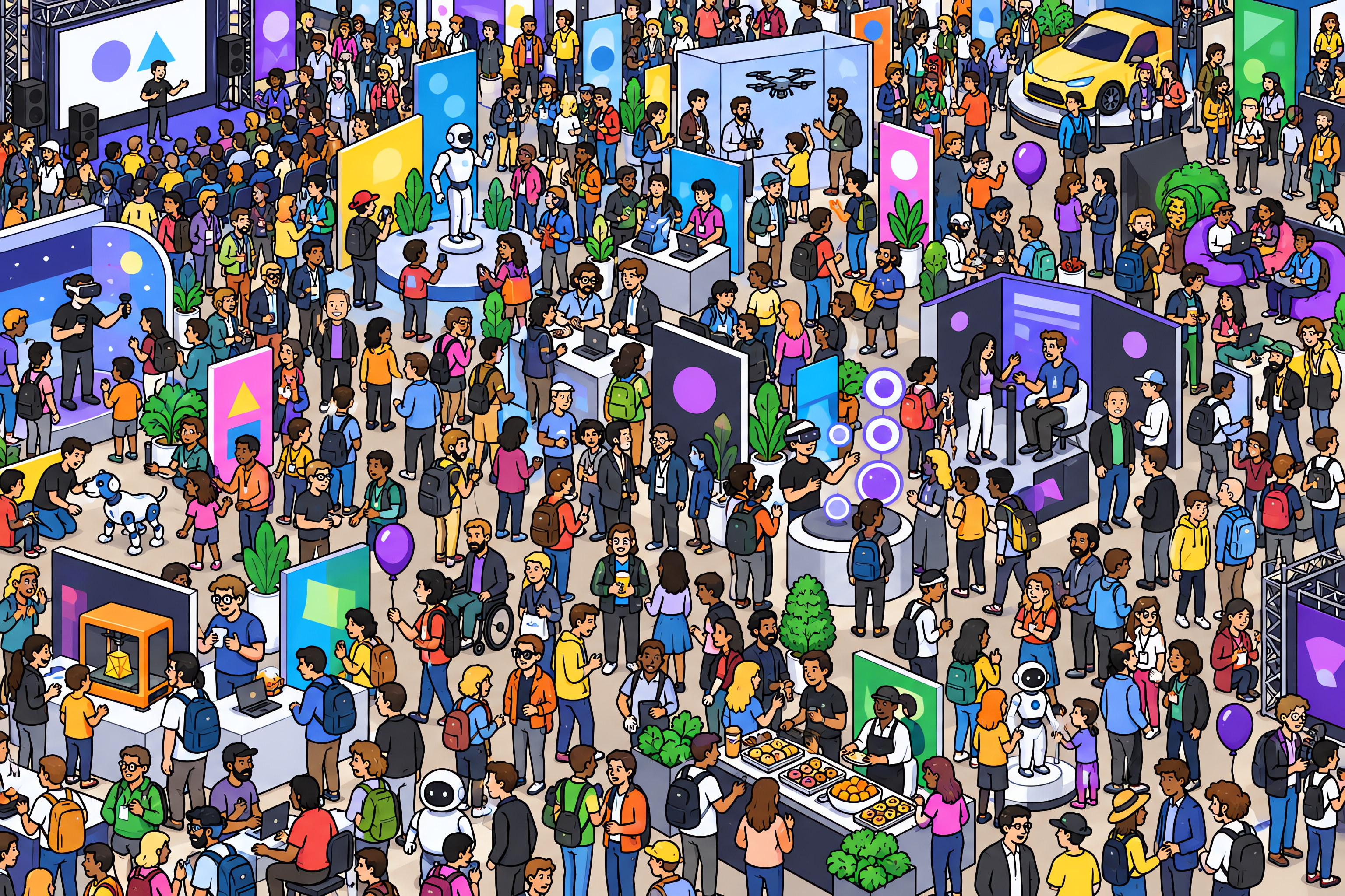Illustrated crowd scene for Elon Musk · Tech expo · Variation 2