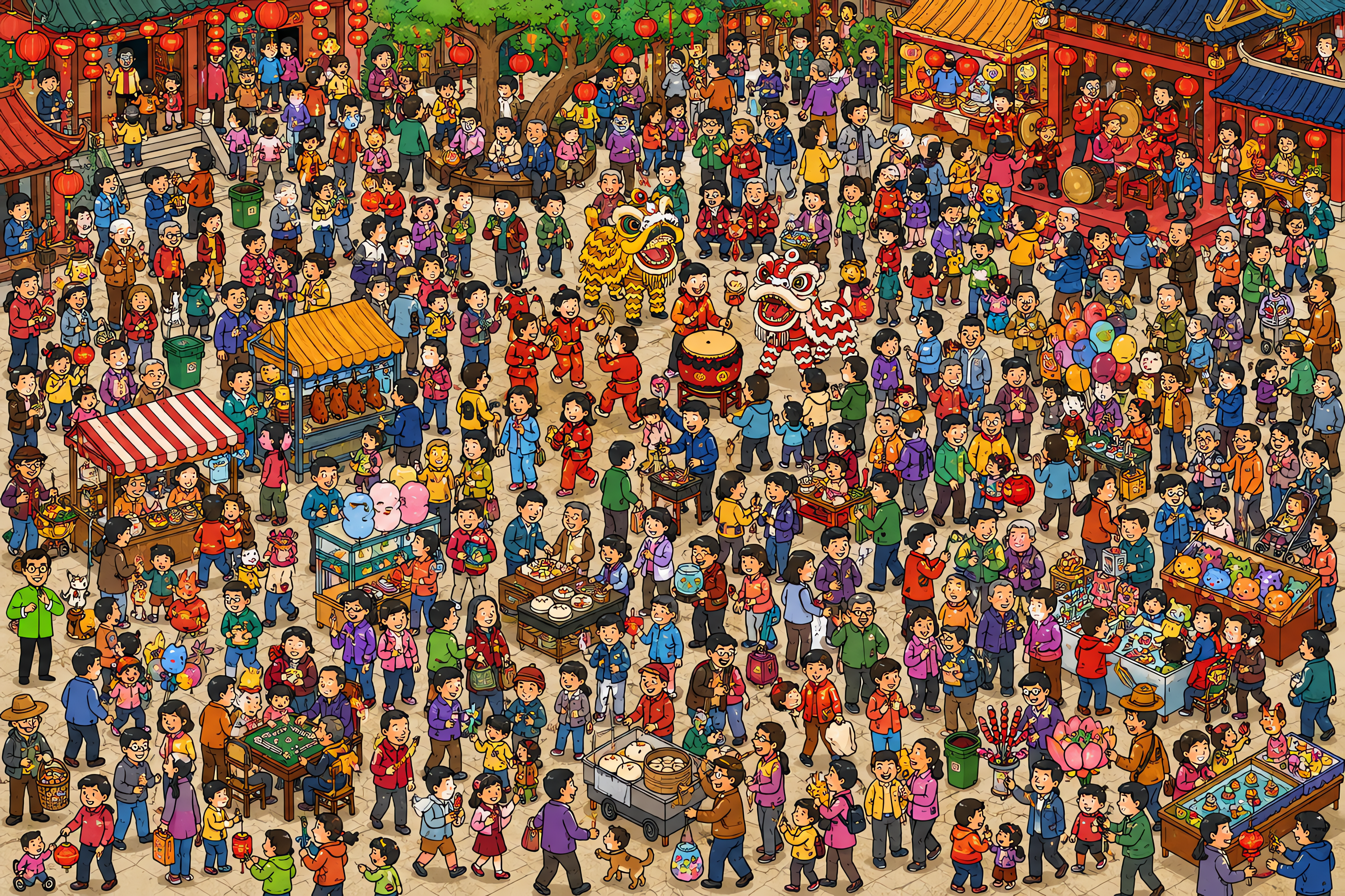 Illustrated crowd scene for Jackie Chan · Temple festival