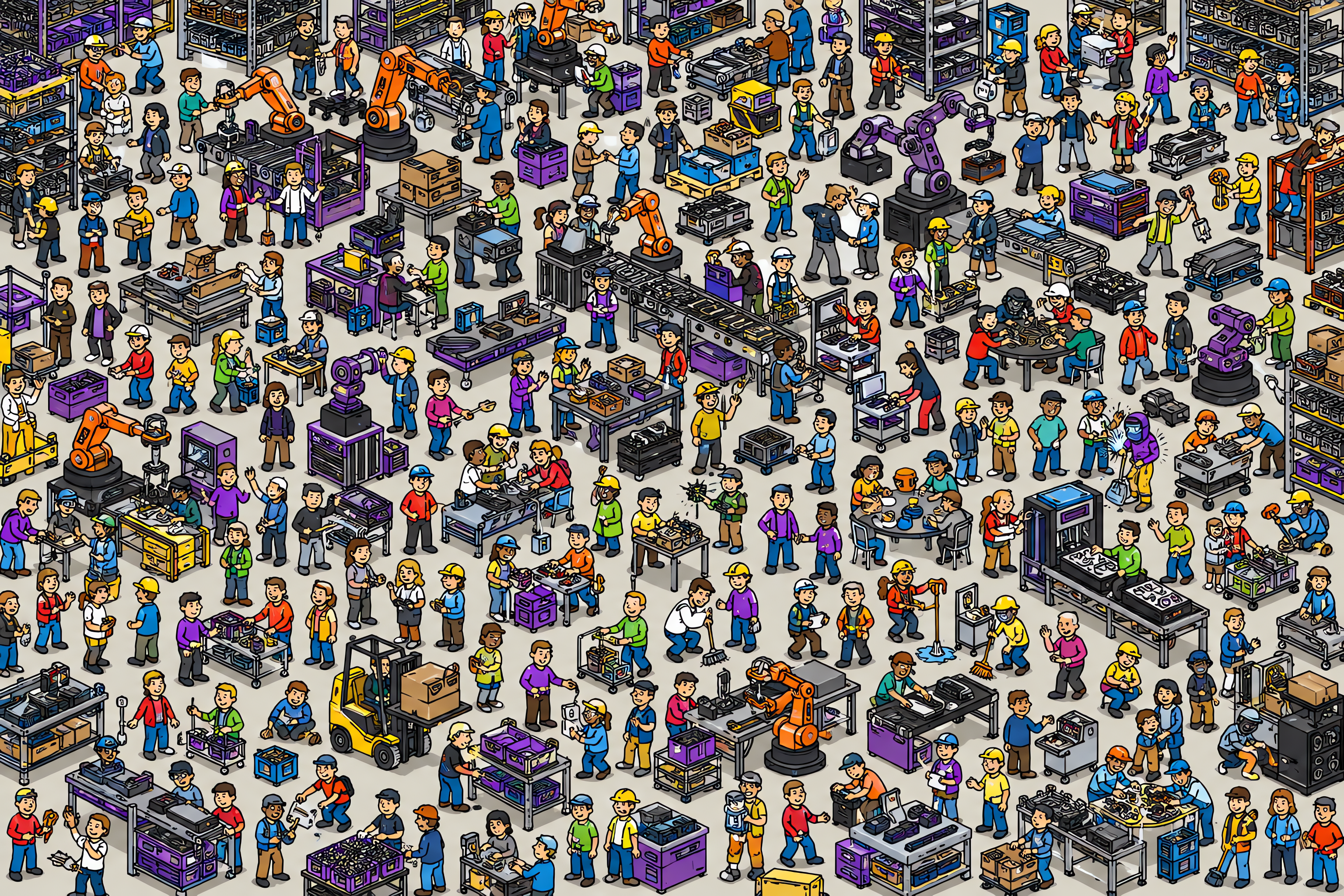 Illustrated crowd scene for Elon Musk · Factory floor