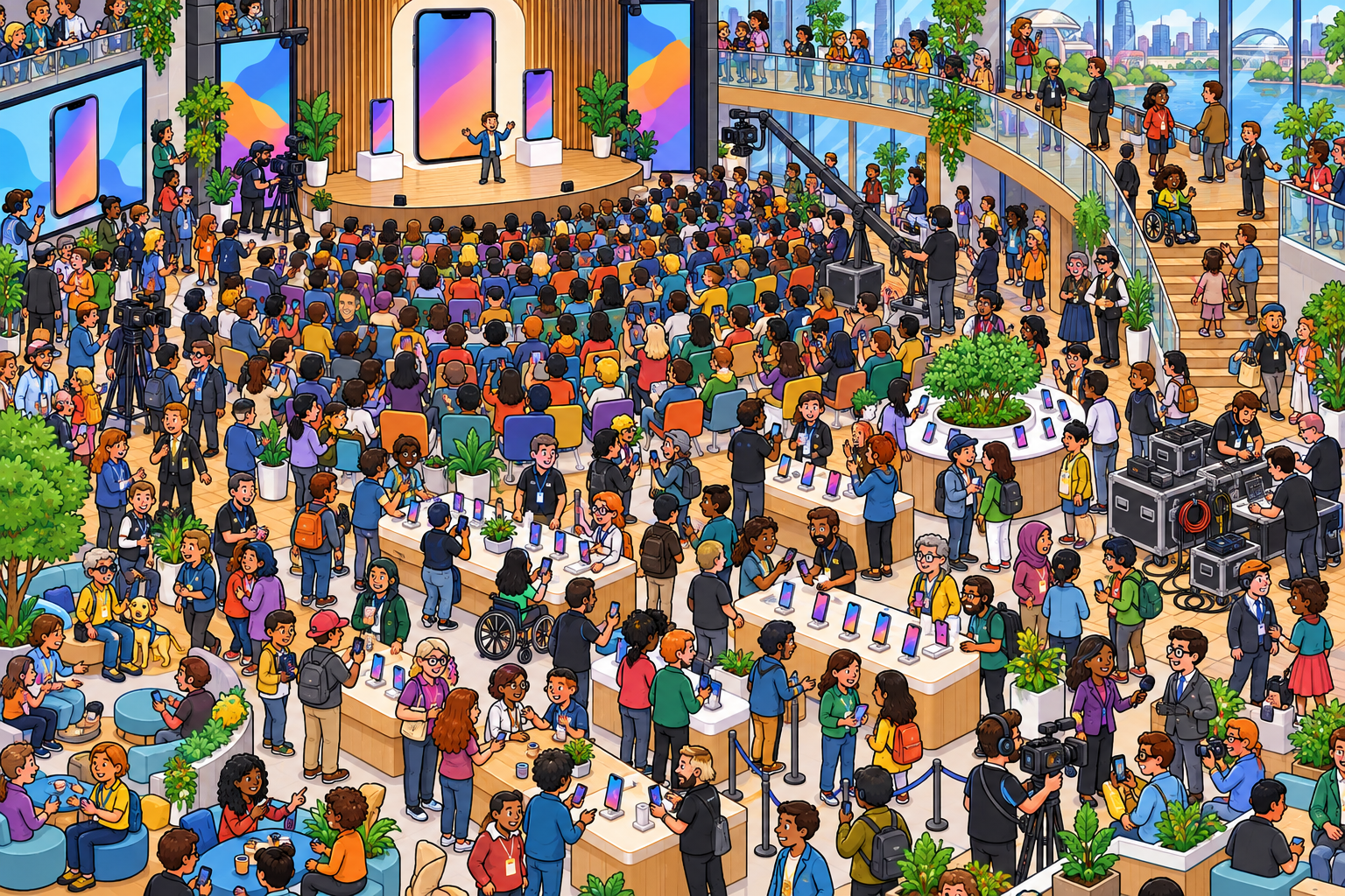 Illustrated crowd scene for iPhone Duo · The Keynote