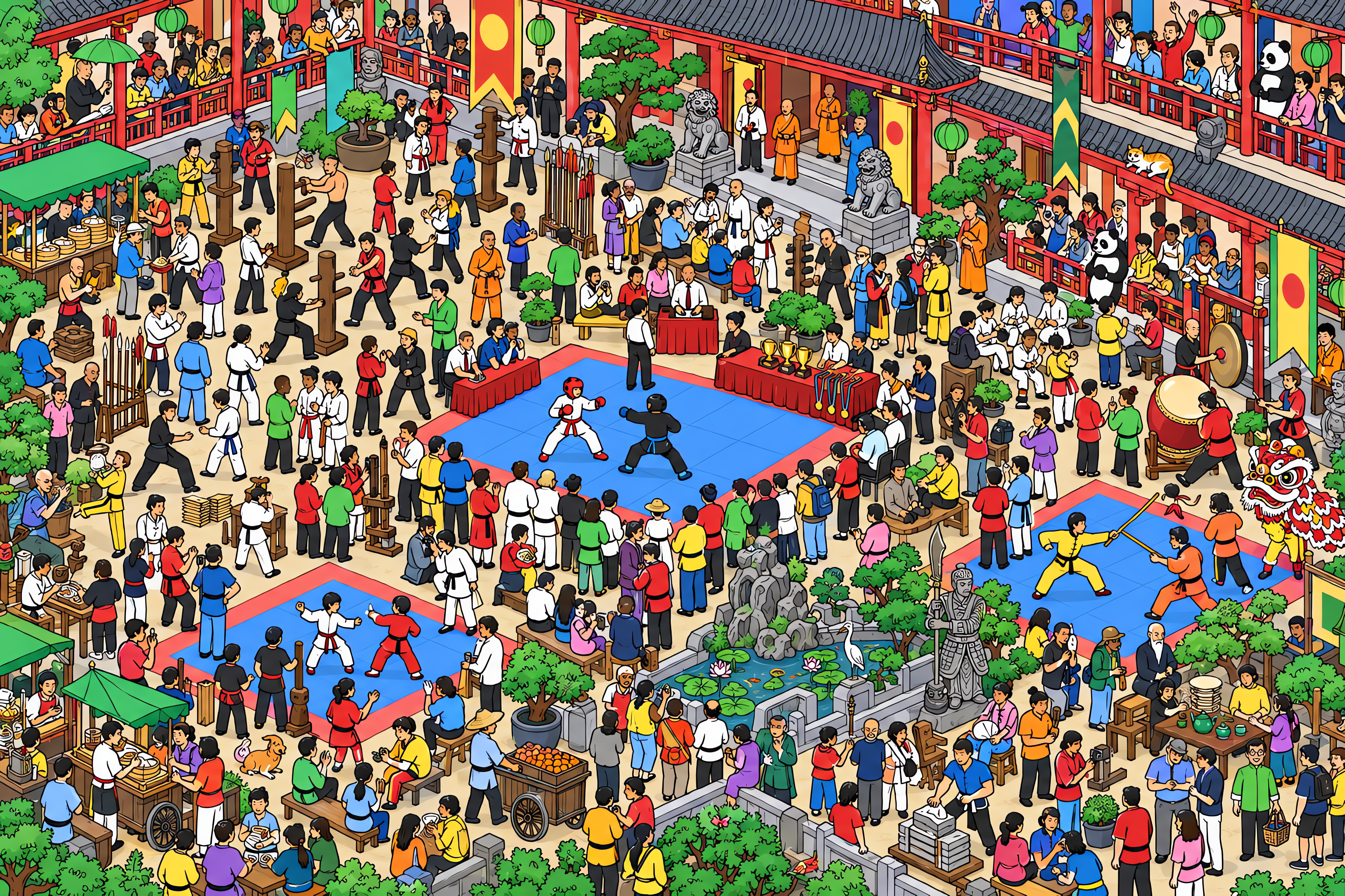 Illustrated crowd scene for Jackie Chan · Kung fu school · Variation 1