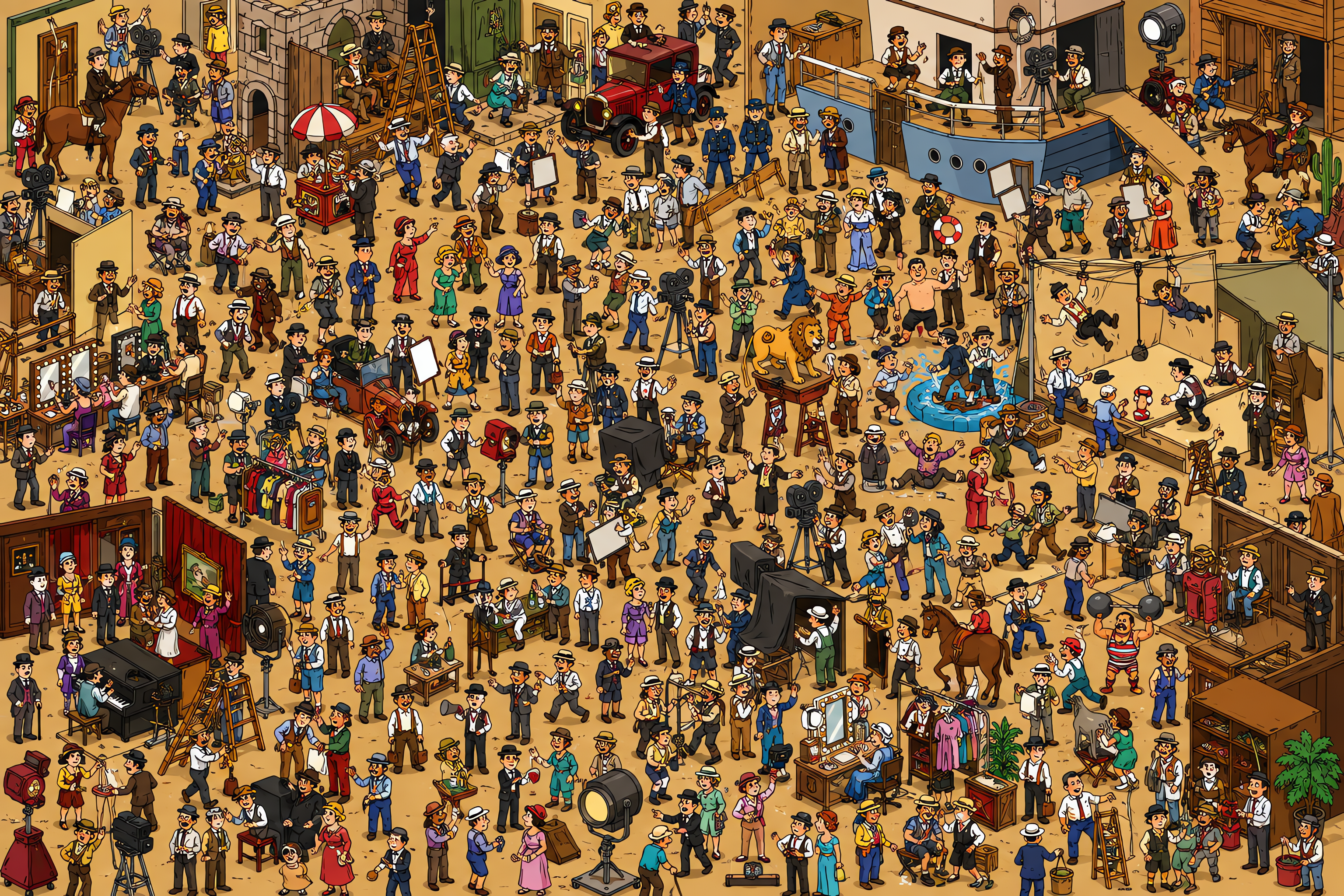 Illustrated crowd scene for Chaplin · Backlot · Variation 1