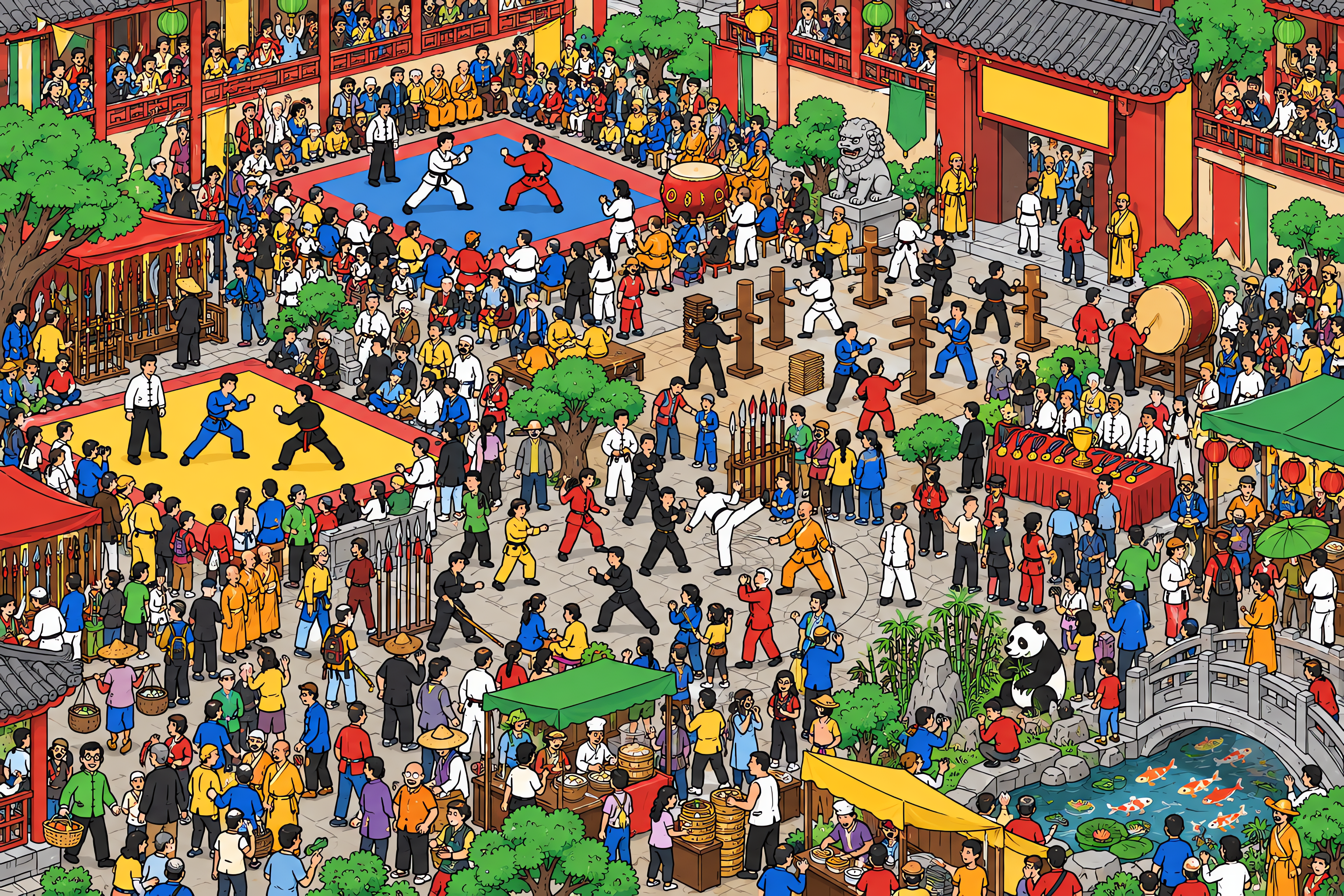 Illustrated crowd scene for Jackie Chan · Kung fu school · Variation 3