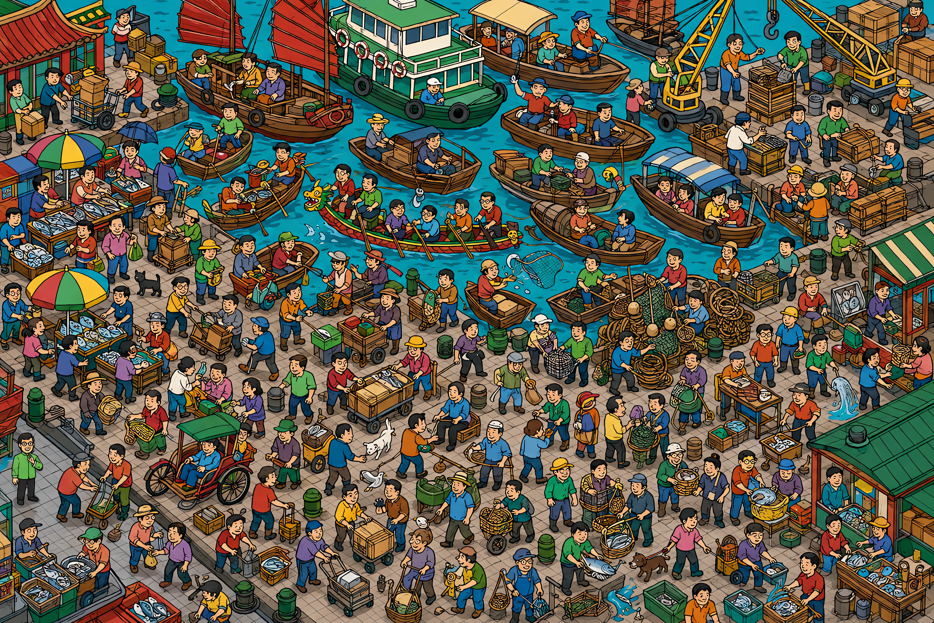 Illustrated crowd scene for Jackie Chan · Harbor · Variation 3