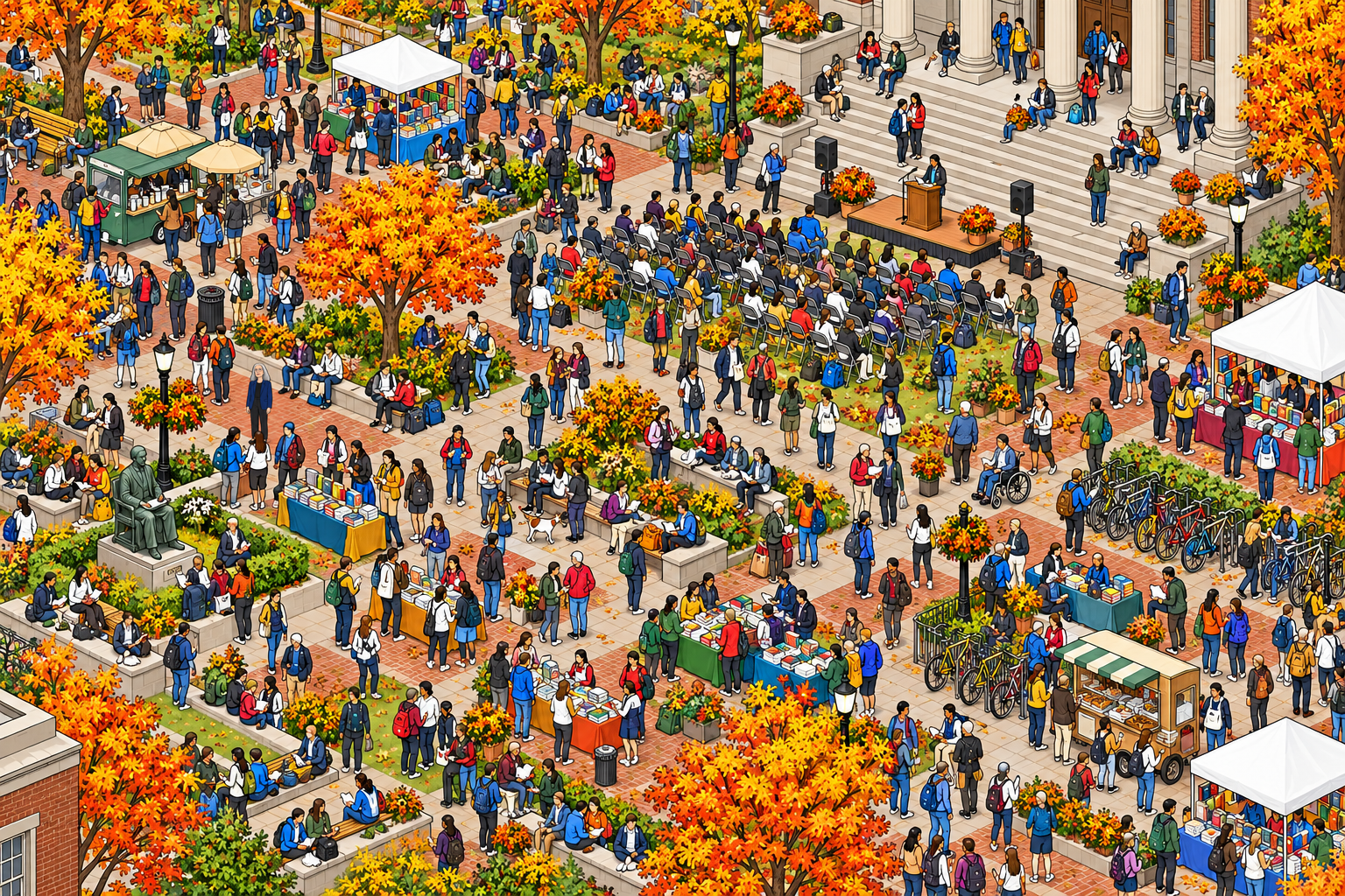 Illustrated crowd scene for Campus Quad Literature Celebration