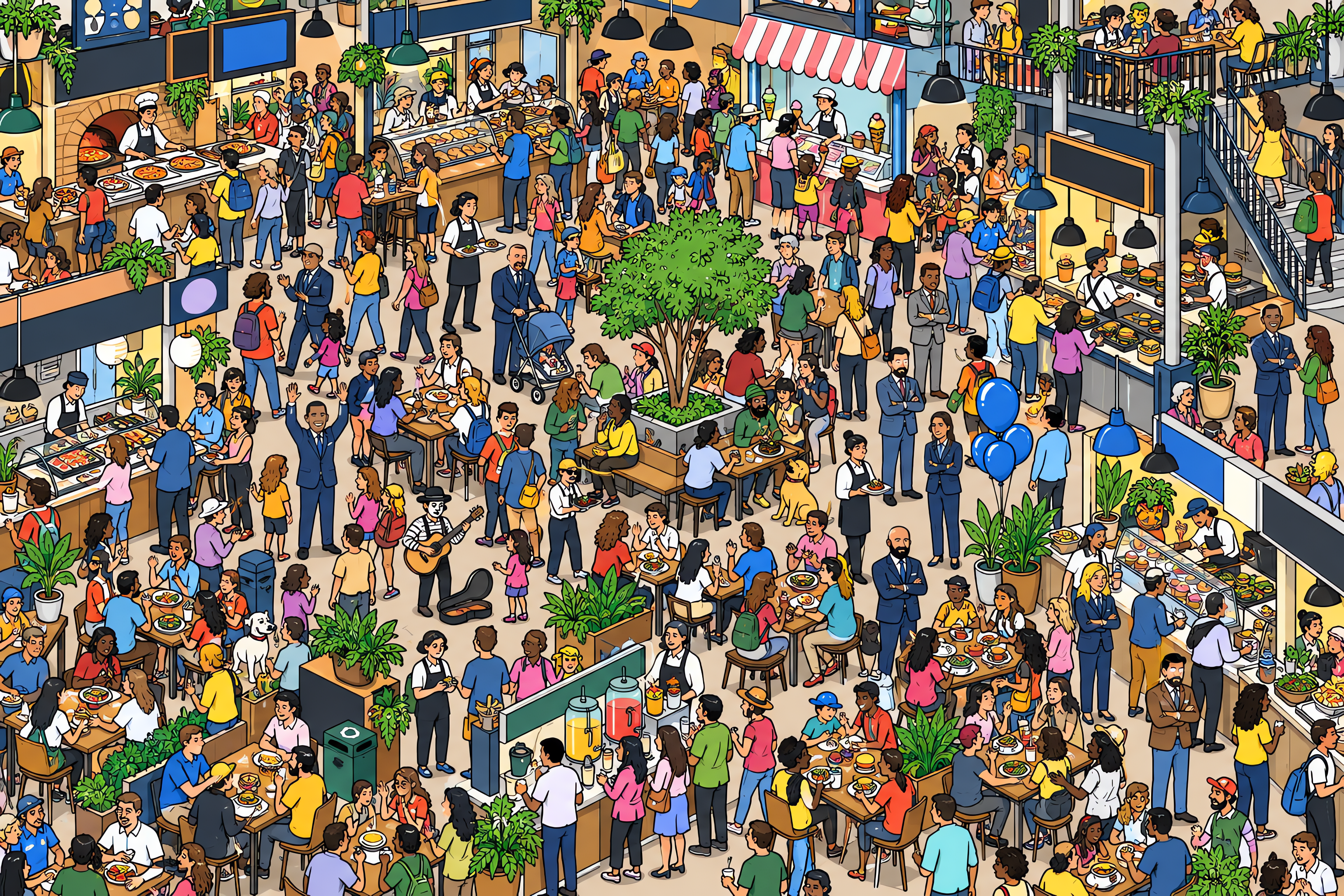 Illustrated crowd scene for Barack Obama · Food hall