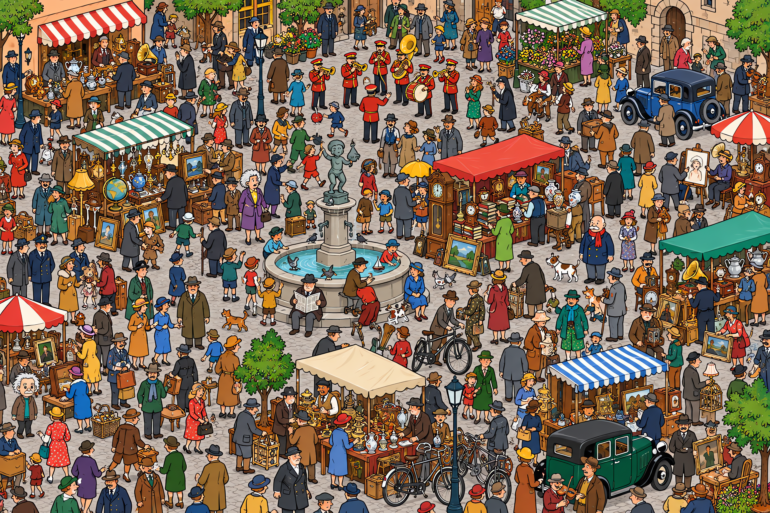Illustrated crowd scene for Albert Einstein · Antique fair · Variation 1