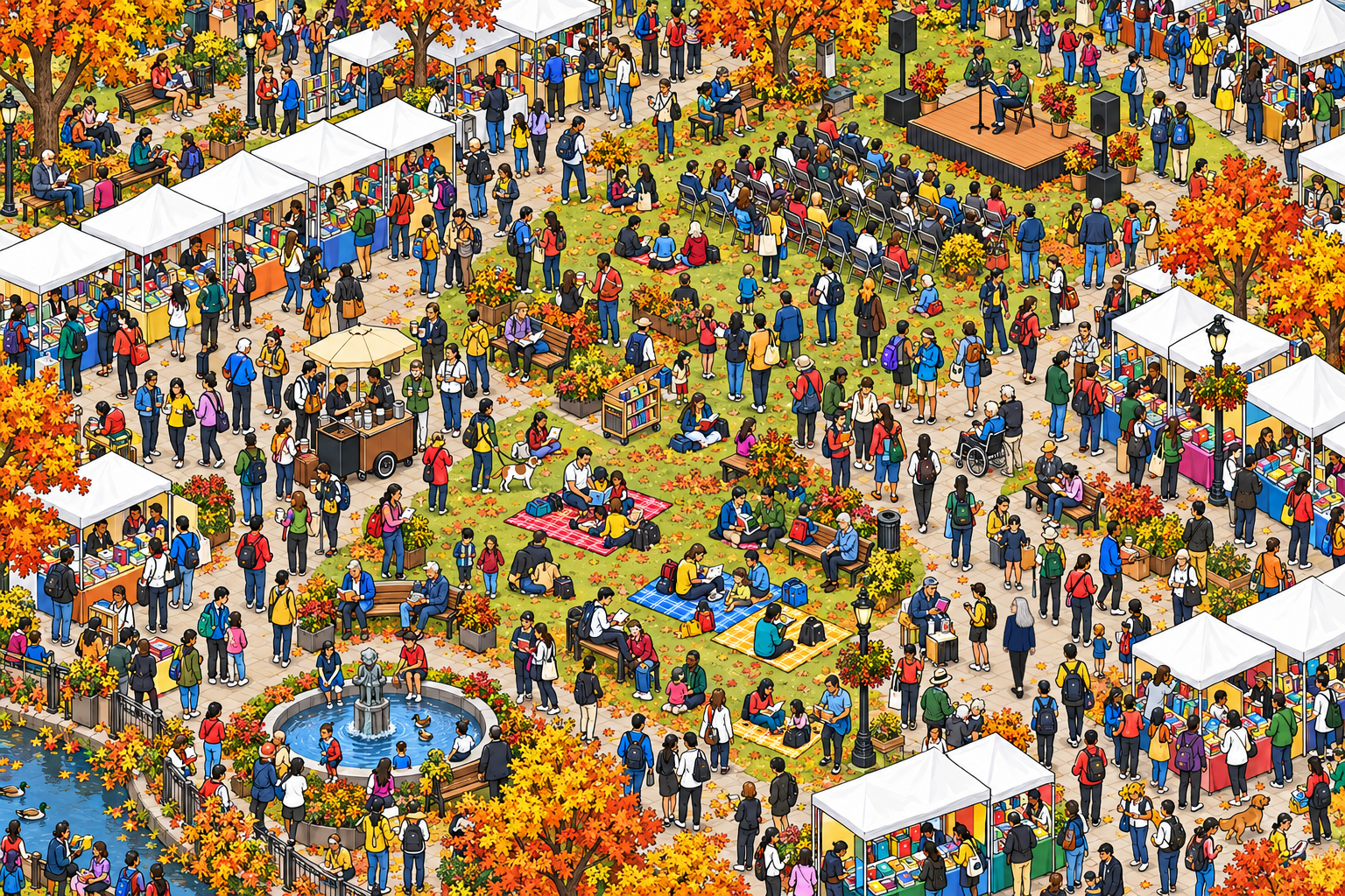 Illustrated crowd scene for Autumn Book Festival