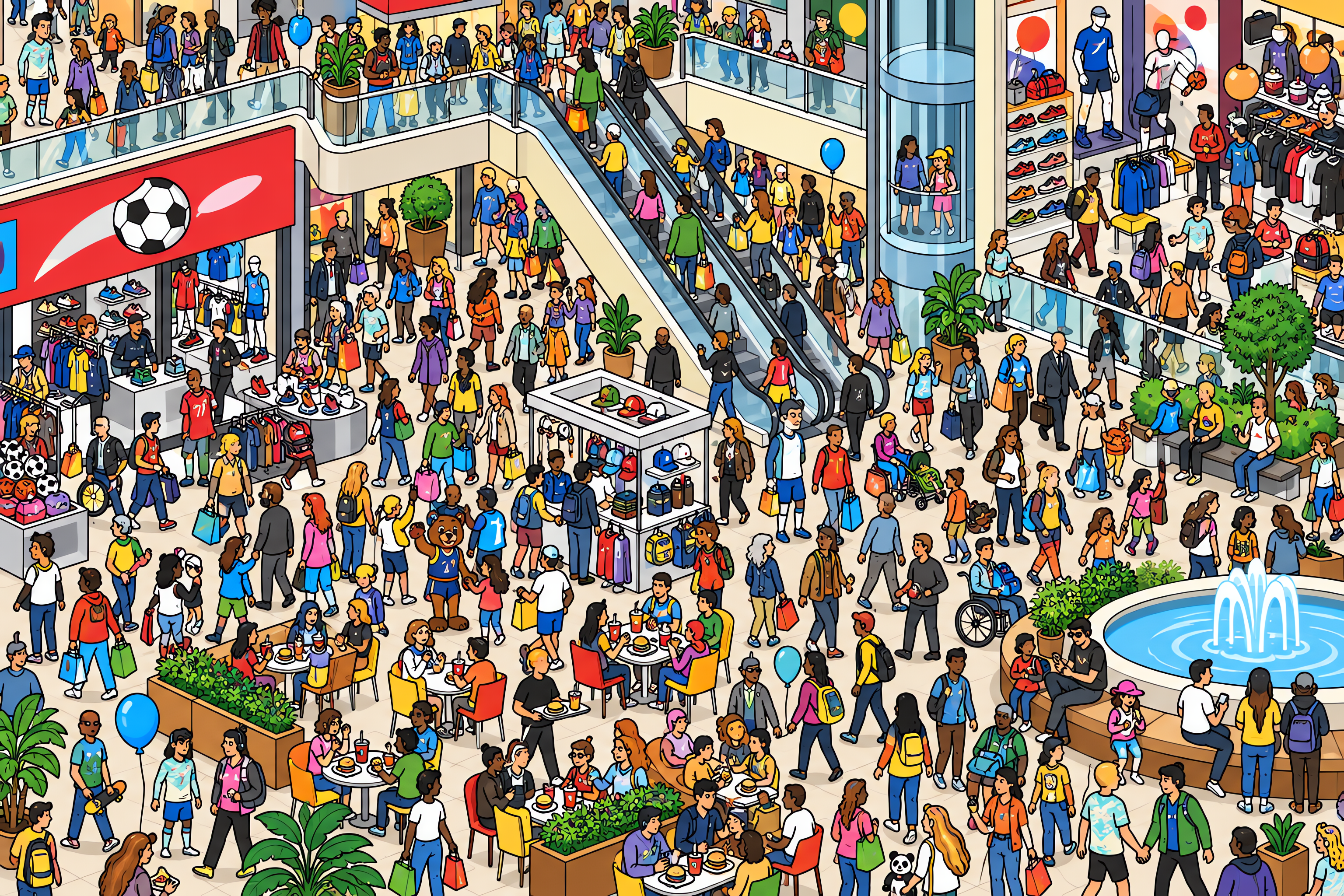 Illustrated crowd scene for Cristiano Ronaldo · Mall clearance sale