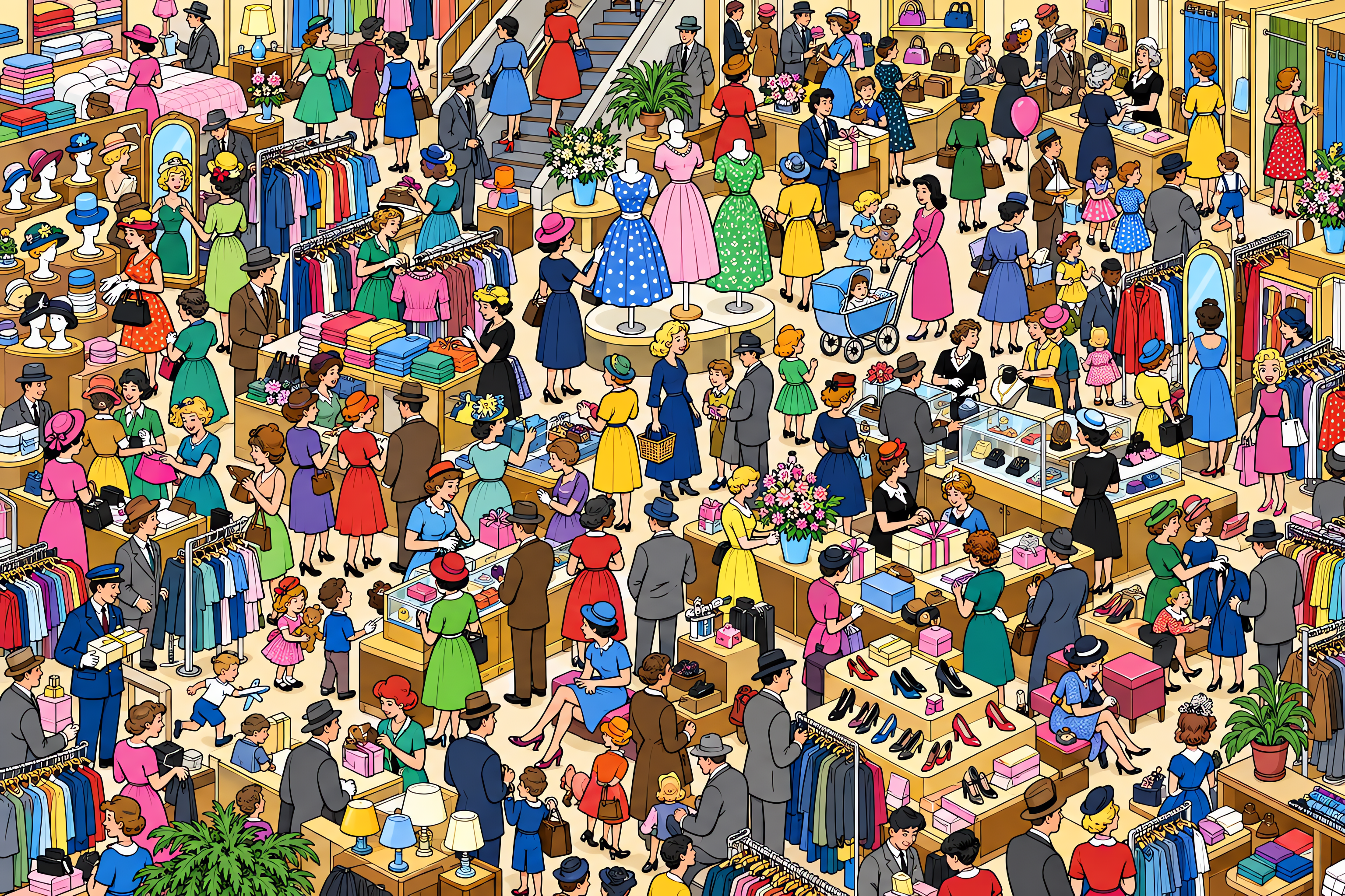 Illustrated crowd scene for Marilyn Monroe · Department store