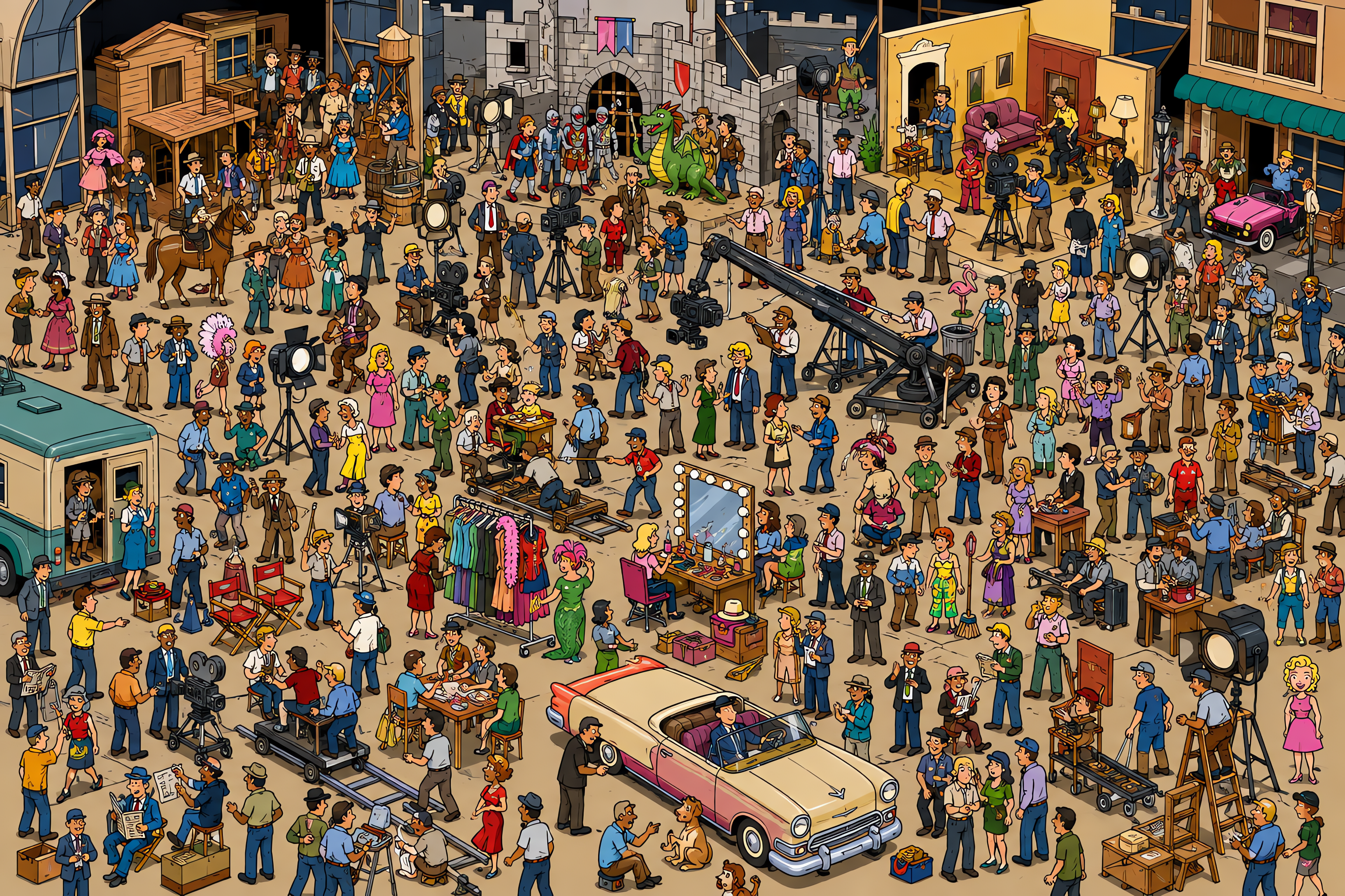 Illustrated crowd scene for Marilyn Monroe · Studio backlot · Variation 1