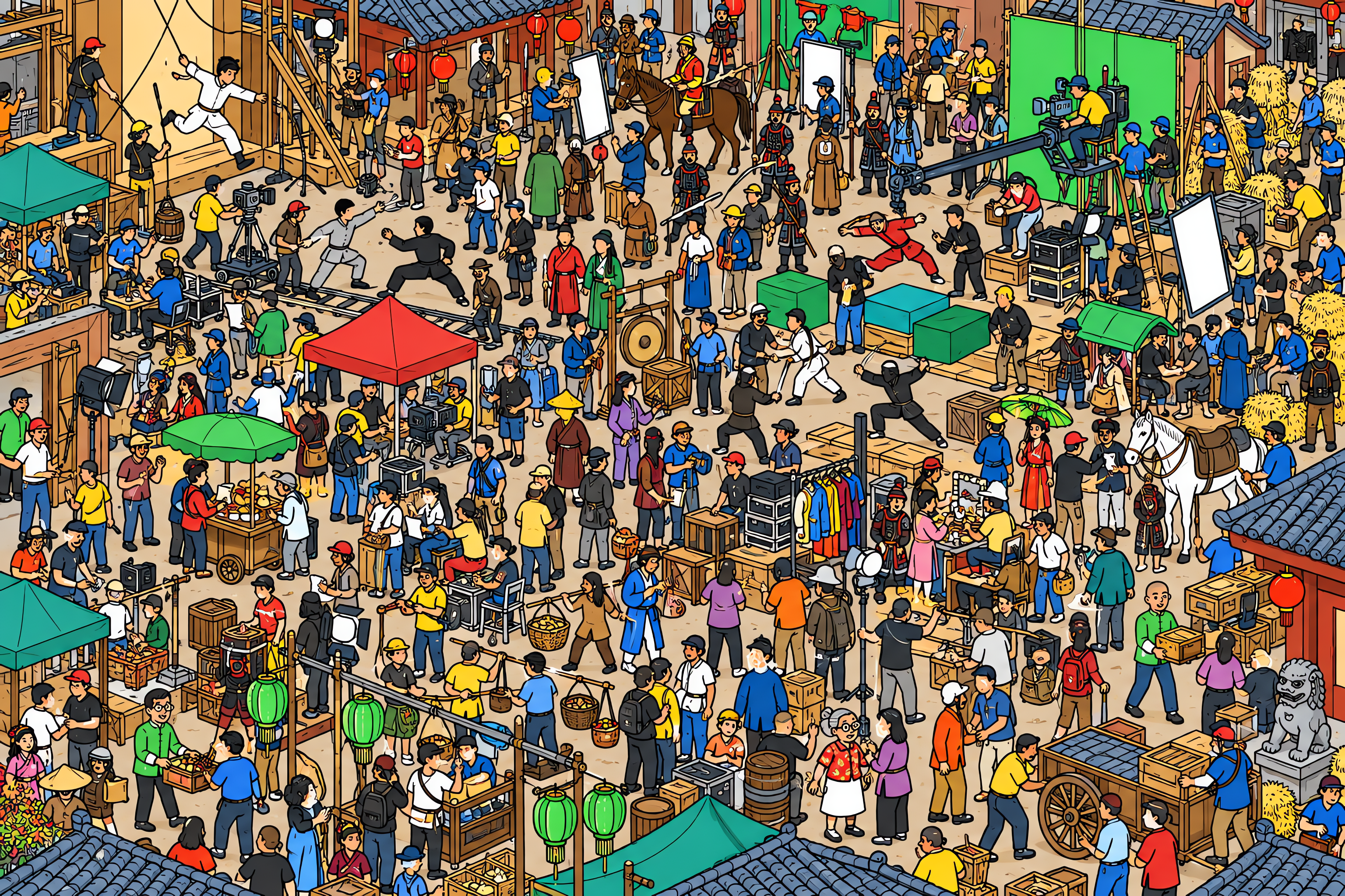 Illustrated crowd scene for Jackie Chan · Film backlot · Variation 1