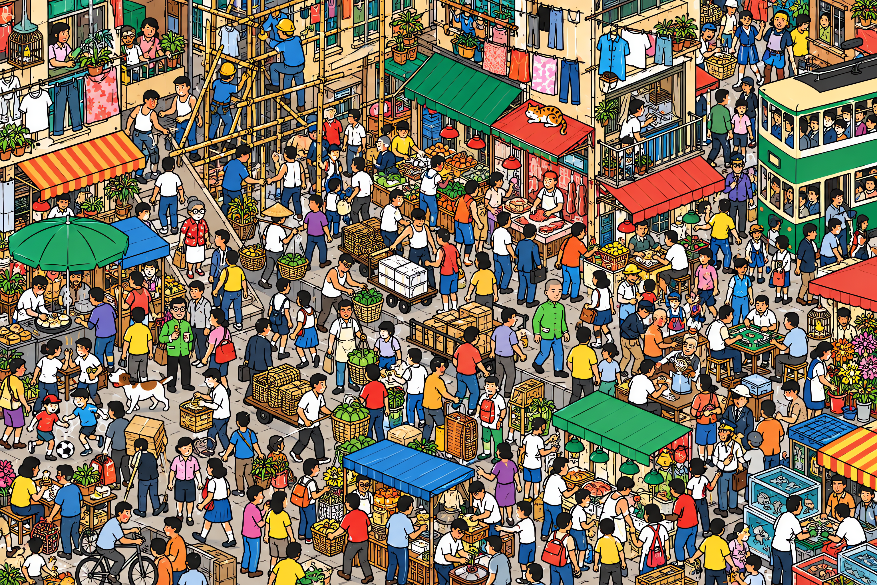 Illustrated crowd scene for Jackie Chan · Hong Kong tenement · Variation 1