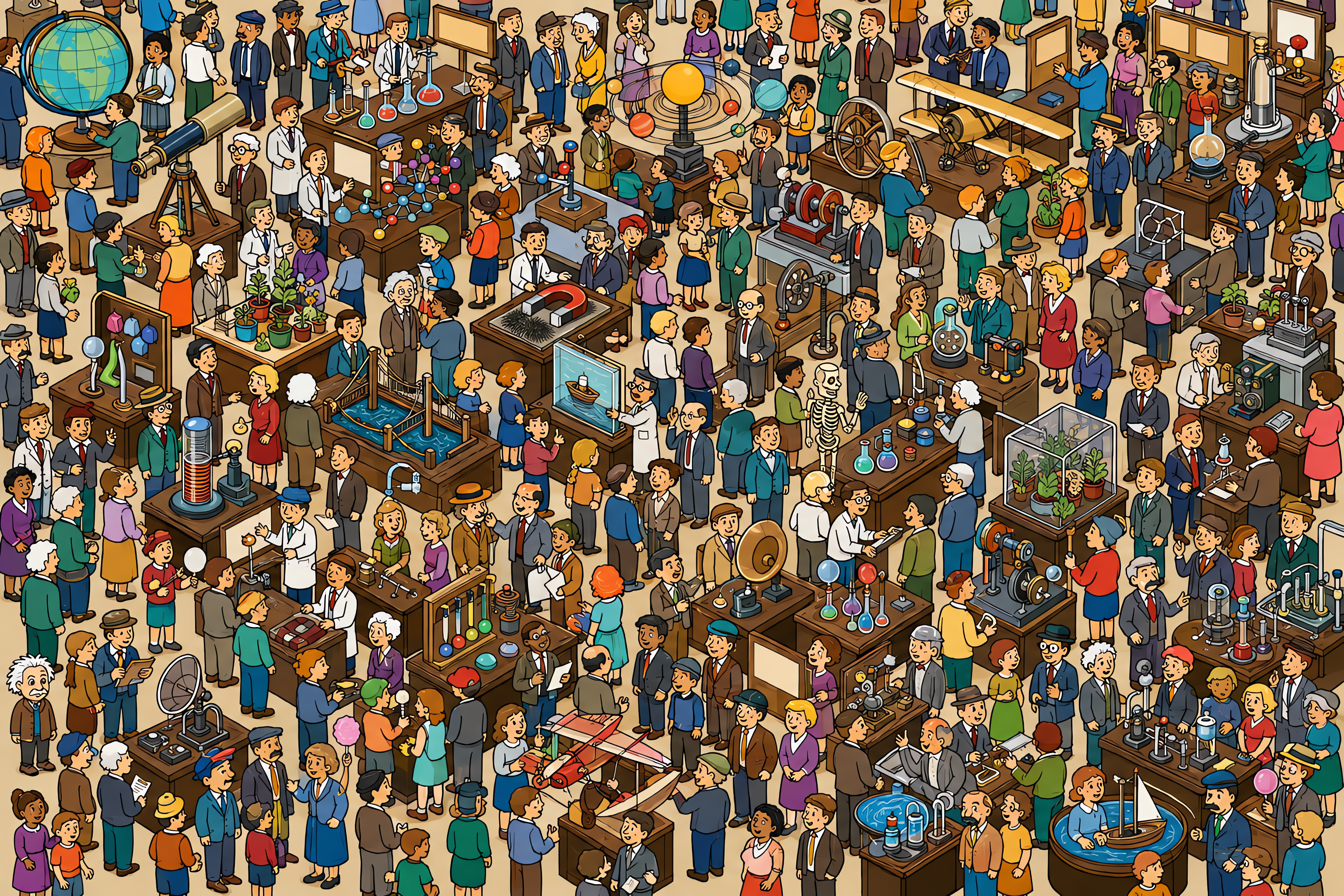 Illustrated crowd scene for Albert Einstein · Science fair · Variation 1