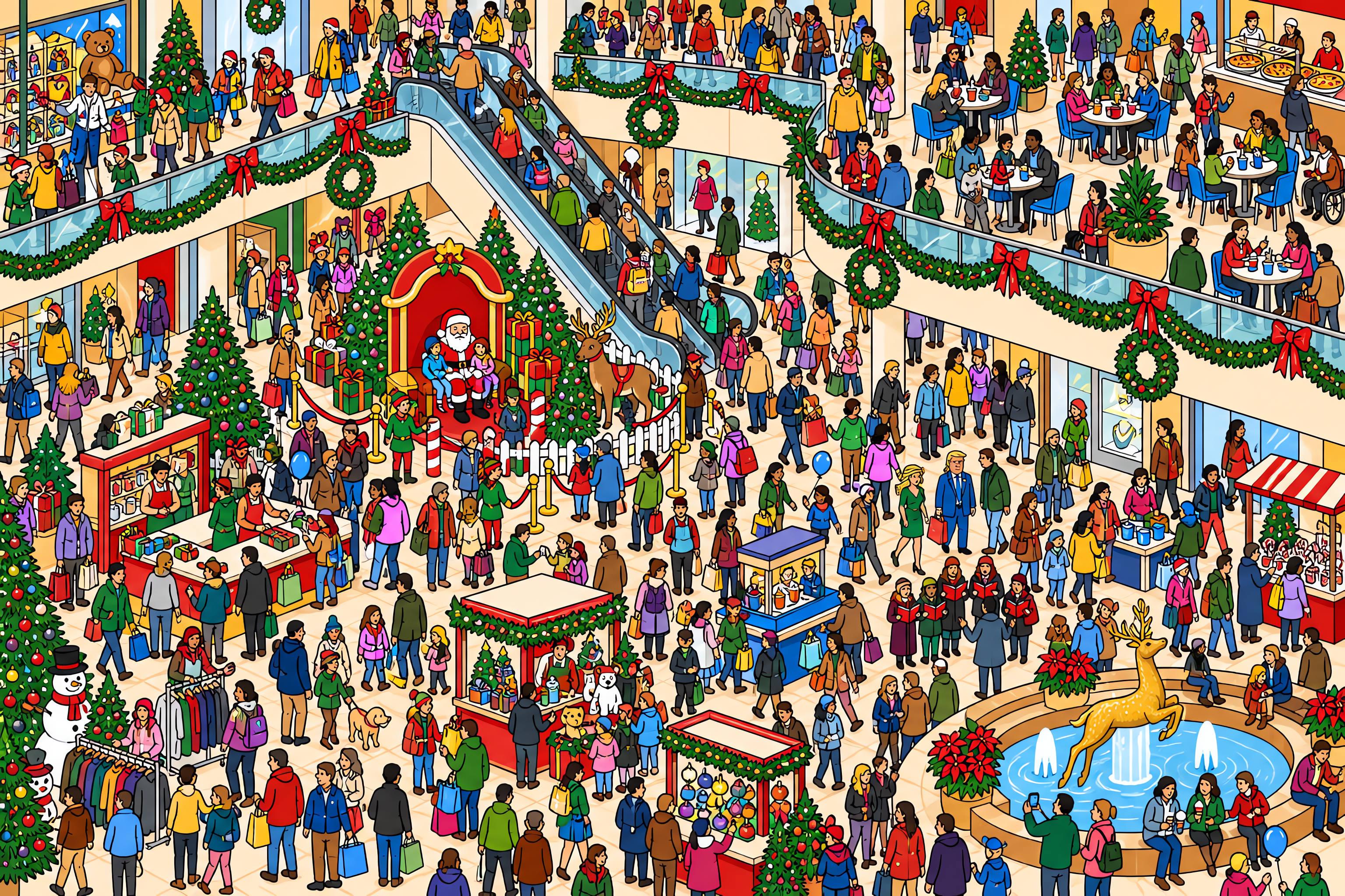 Illustrated crowd scene for Donald Trump · Shopping mall