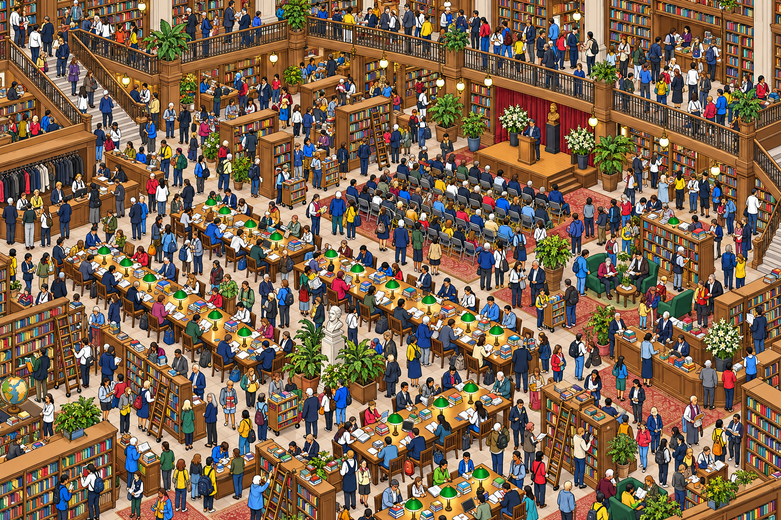 Illustrated crowd scene for Grand Library Reading Hall