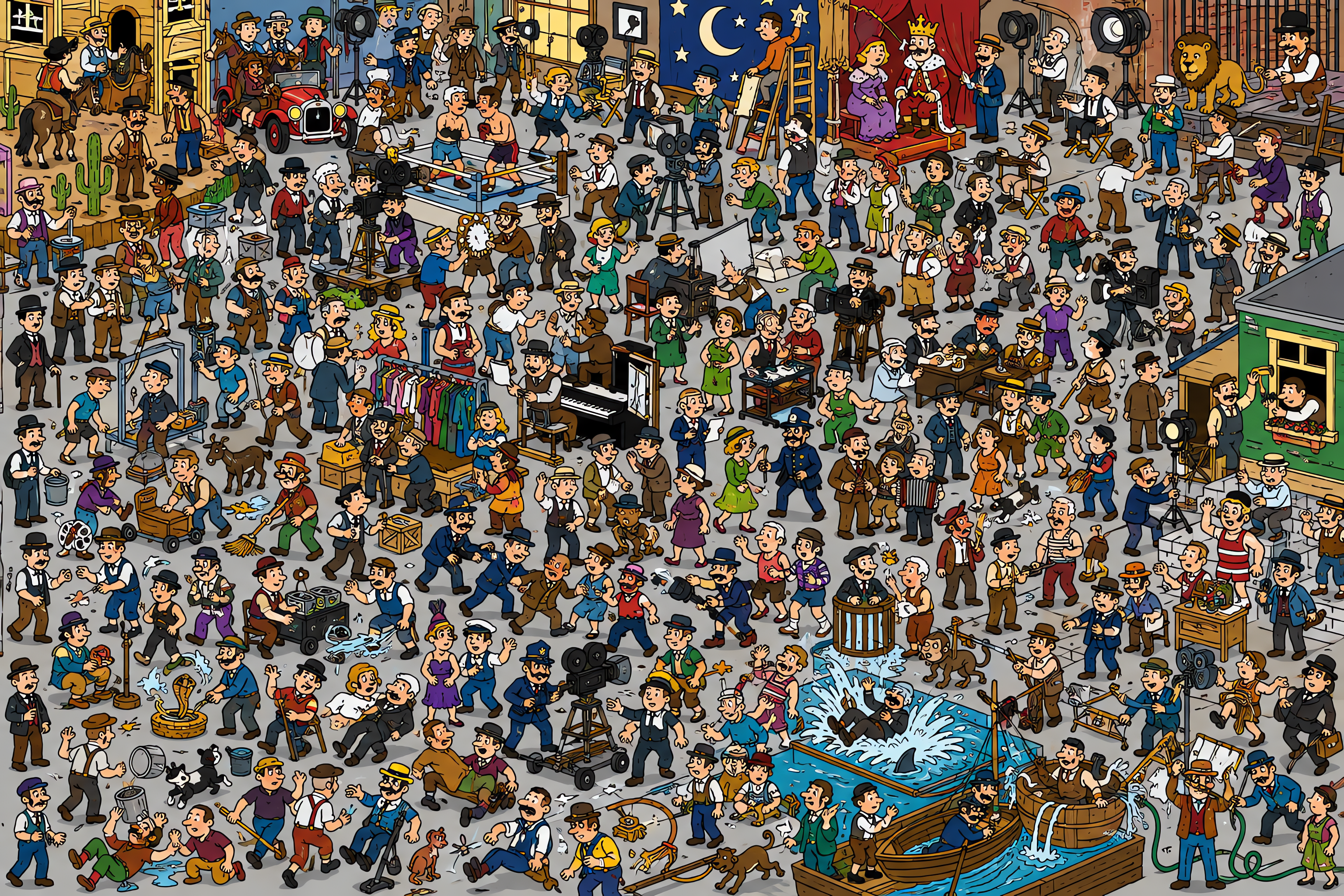 Illustrated crowd scene for Chaplin · Backlot · Variation 3