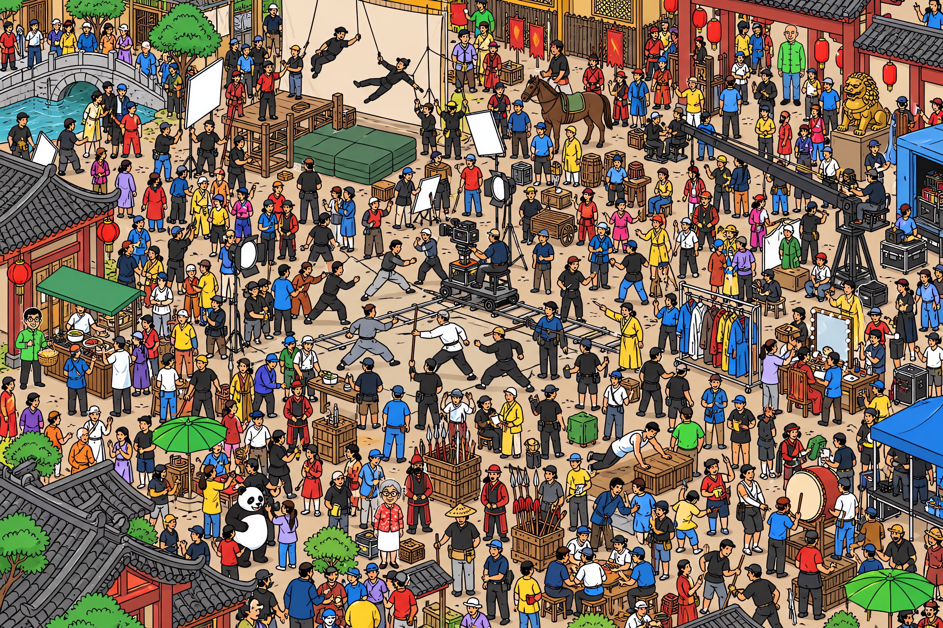 Illustrated crowd scene for Jackie Chan · Film backlot · Variation 2