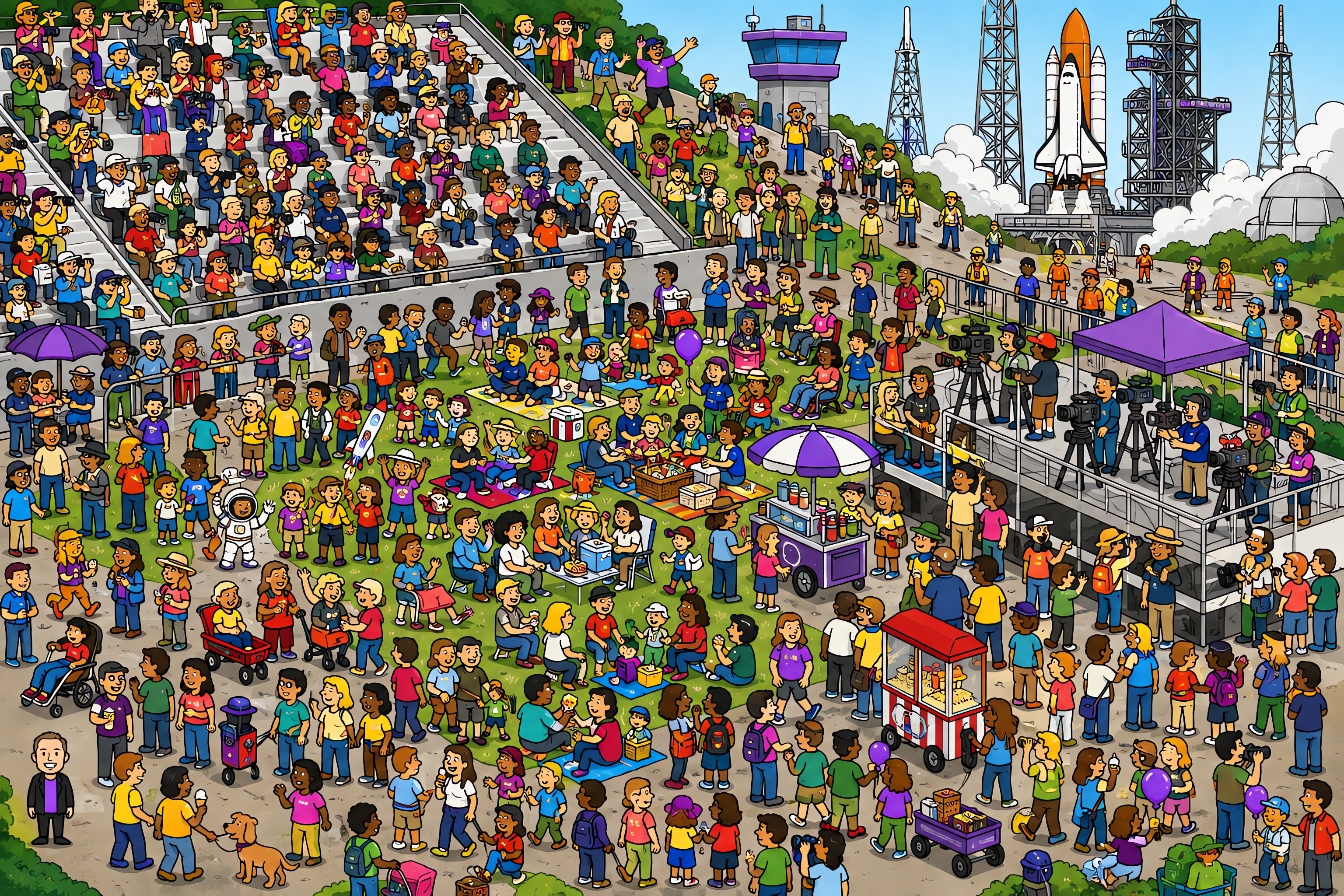 Illustrated crowd scene for Elon Musk · Launch site · Variation 1