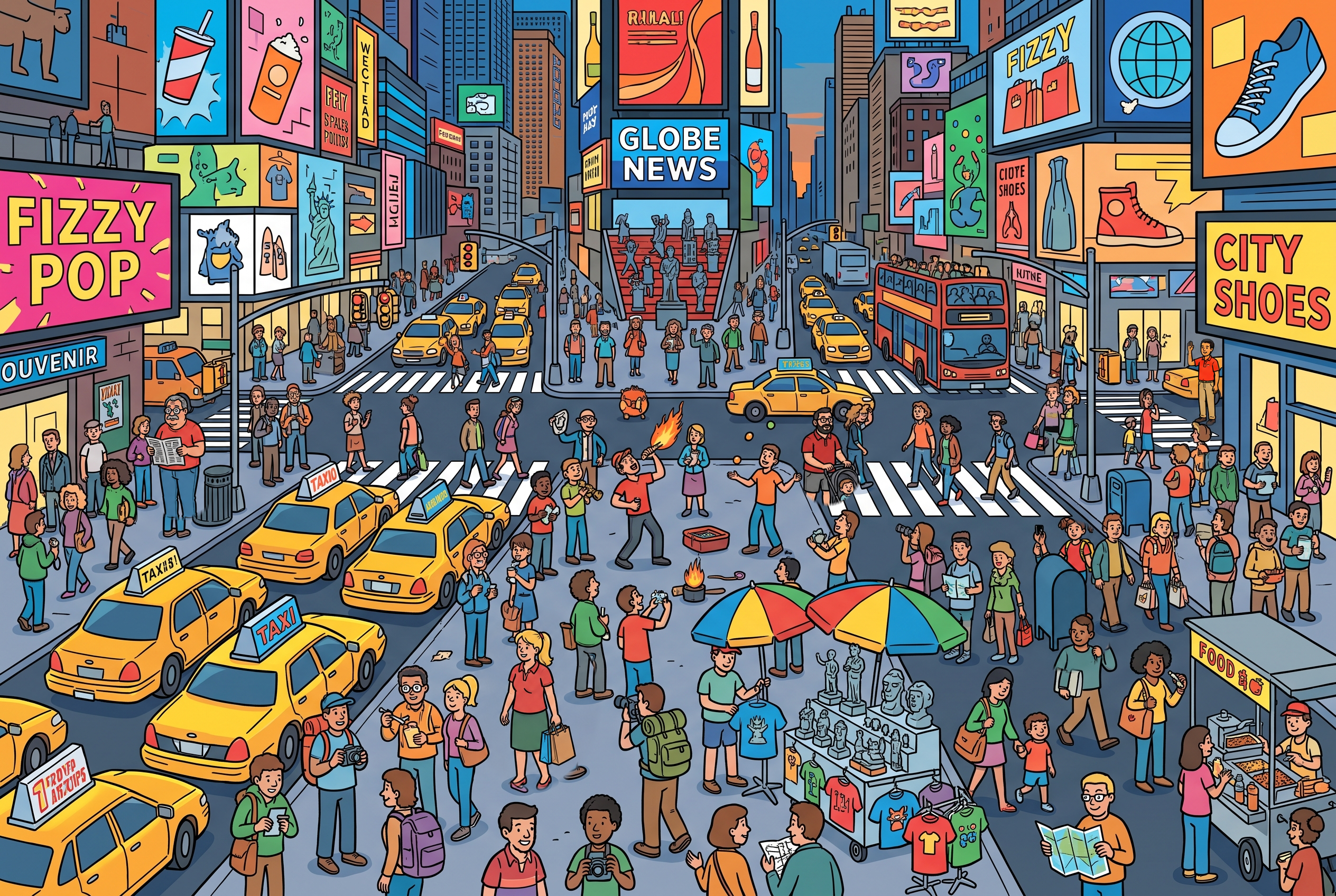 Illustrated crowd scene for Preview · Times Square with look-alikes