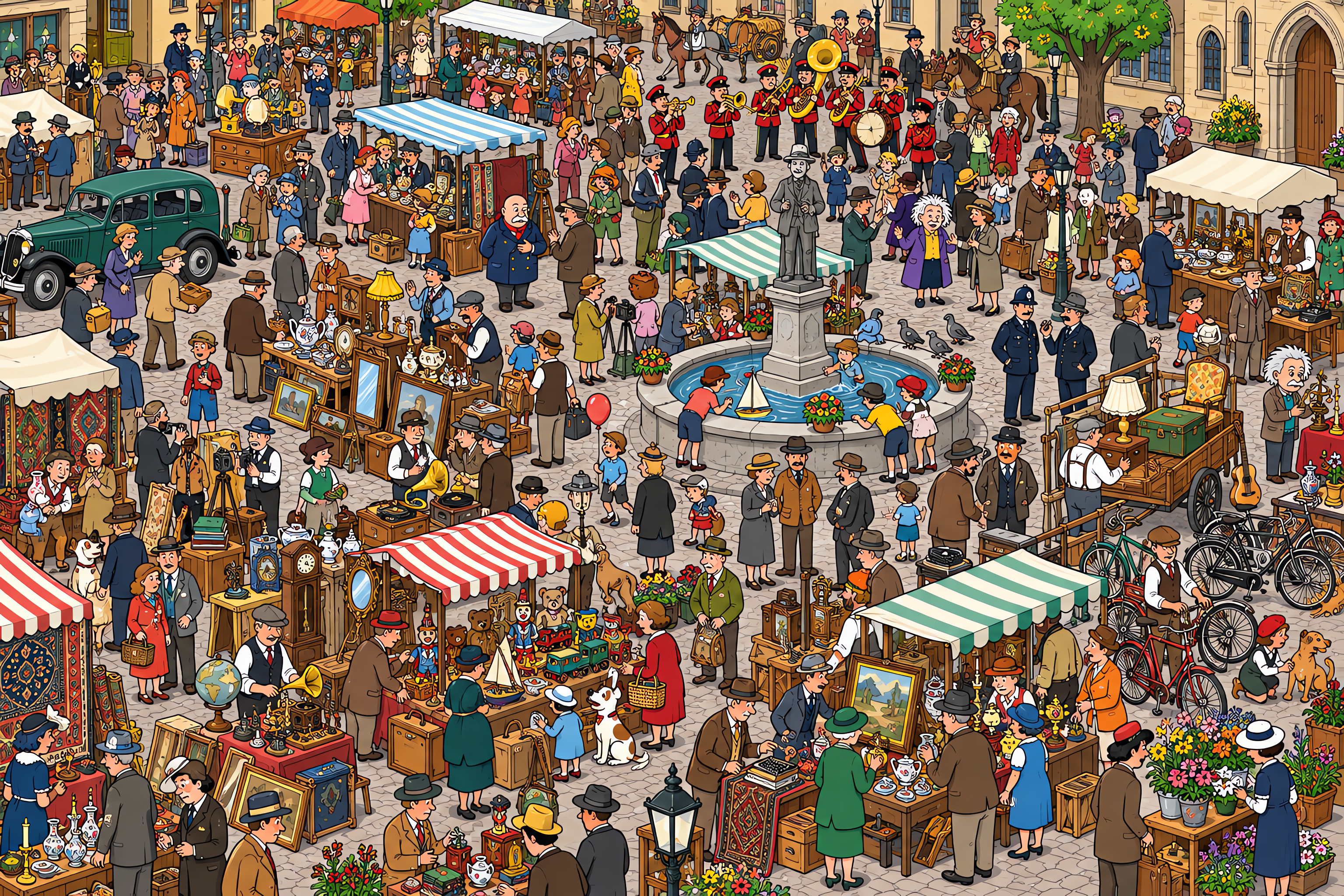 Illustrated crowd scene for Albert Einstein · Antique fair · Variation 2