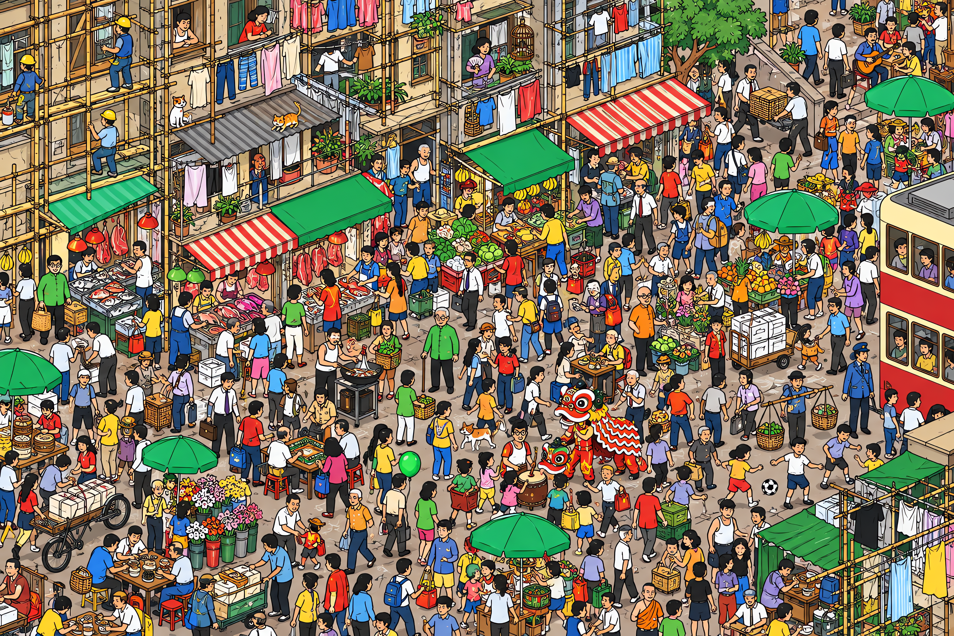 Illustrated crowd scene for Jackie Chan · Hong Kong tenement · Variation 2
