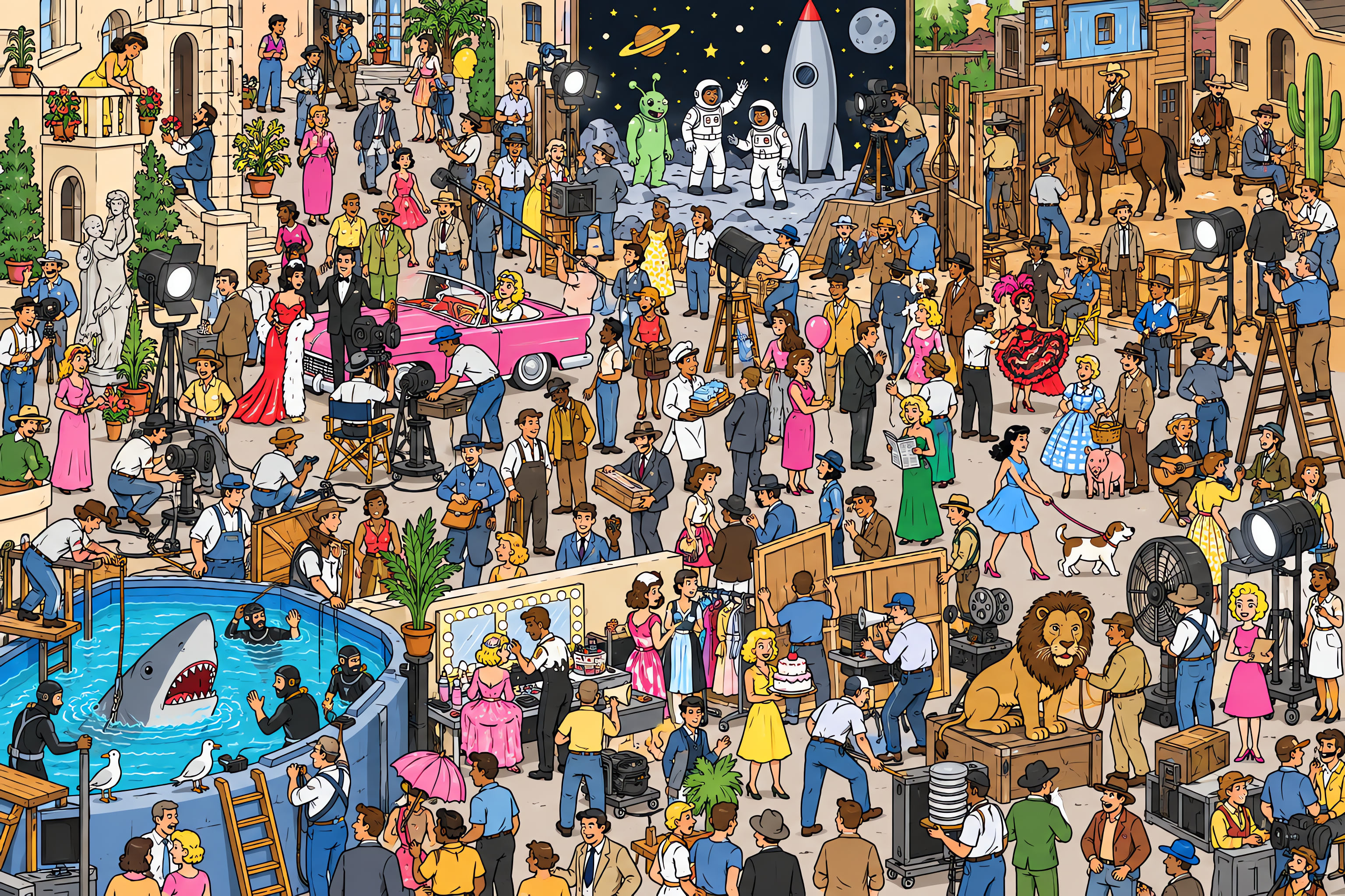 Illustrated crowd scene for Marilyn Monroe · Studio backlot · Variation 2