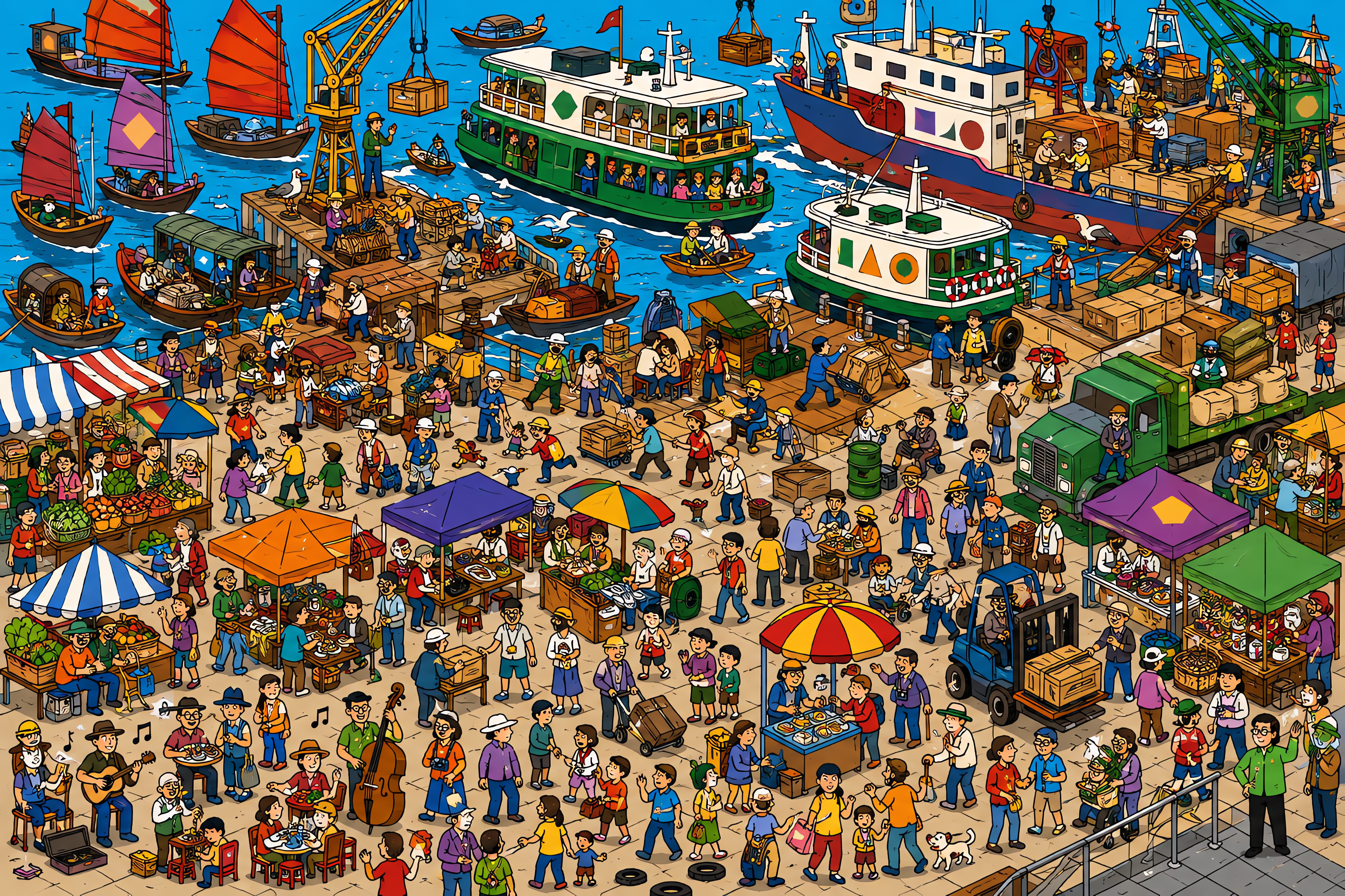 Illustrated crowd scene for Jackie Chan · Harbor · Variation 2